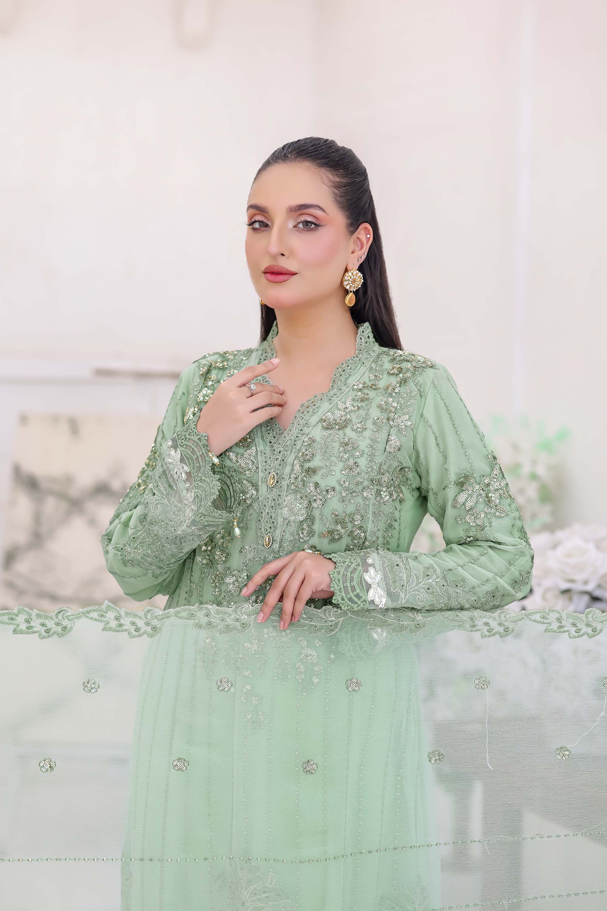 Celadon Charm Mint Green Chiffon Formal Suit
