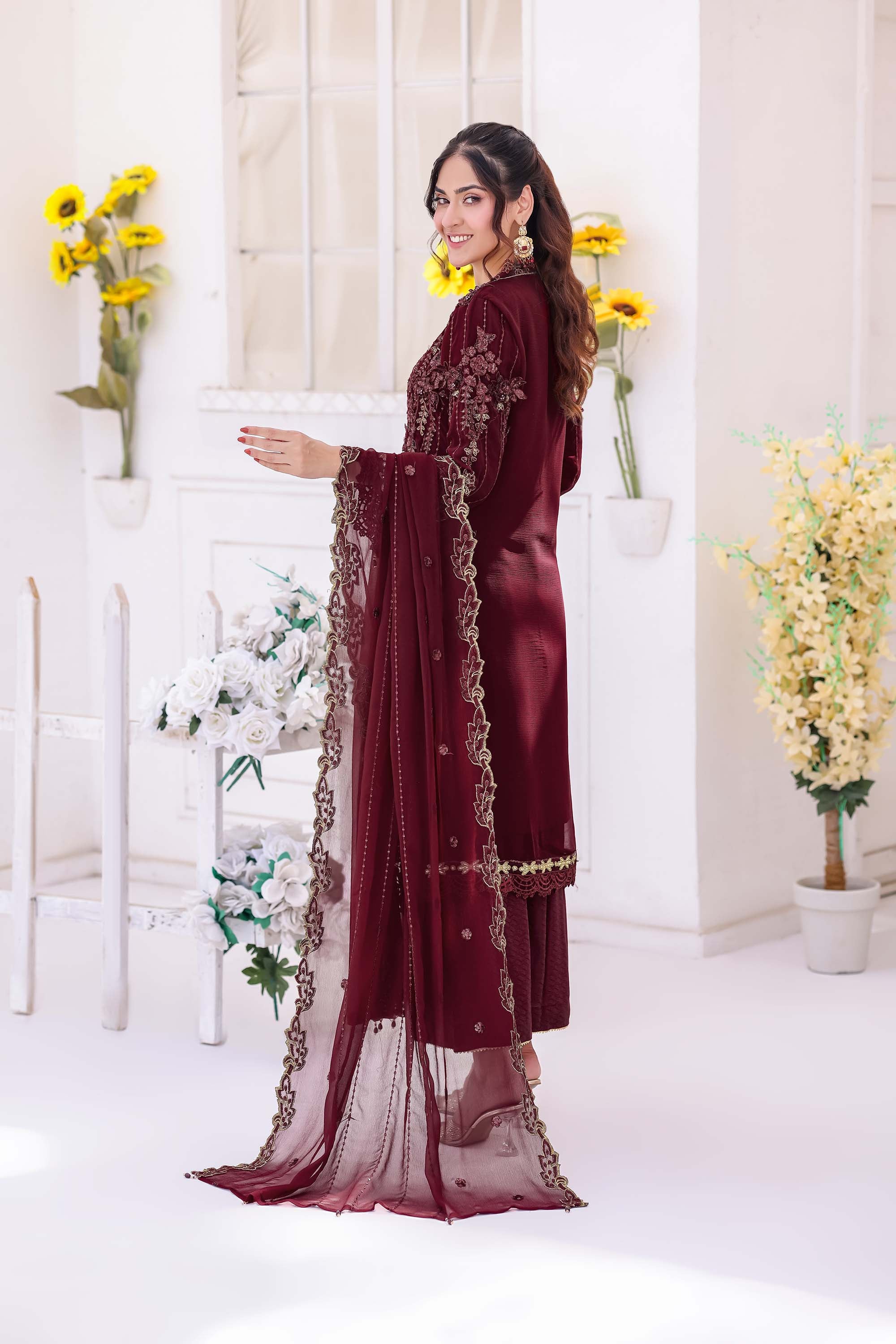 Maroon Ember Luxury Chiffon Formal Suit