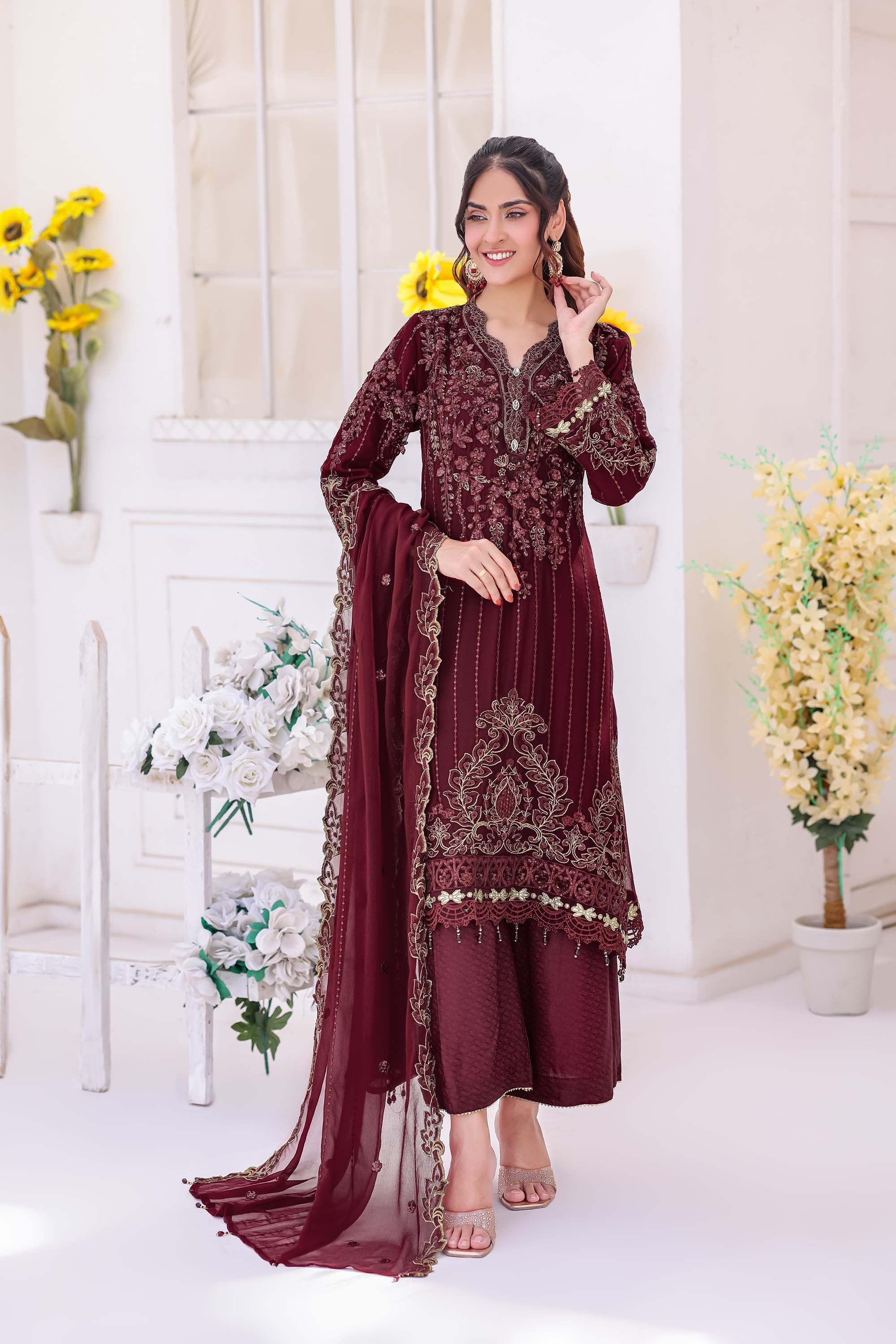 Maroon Ember Luxury Chiffon Formal Suit