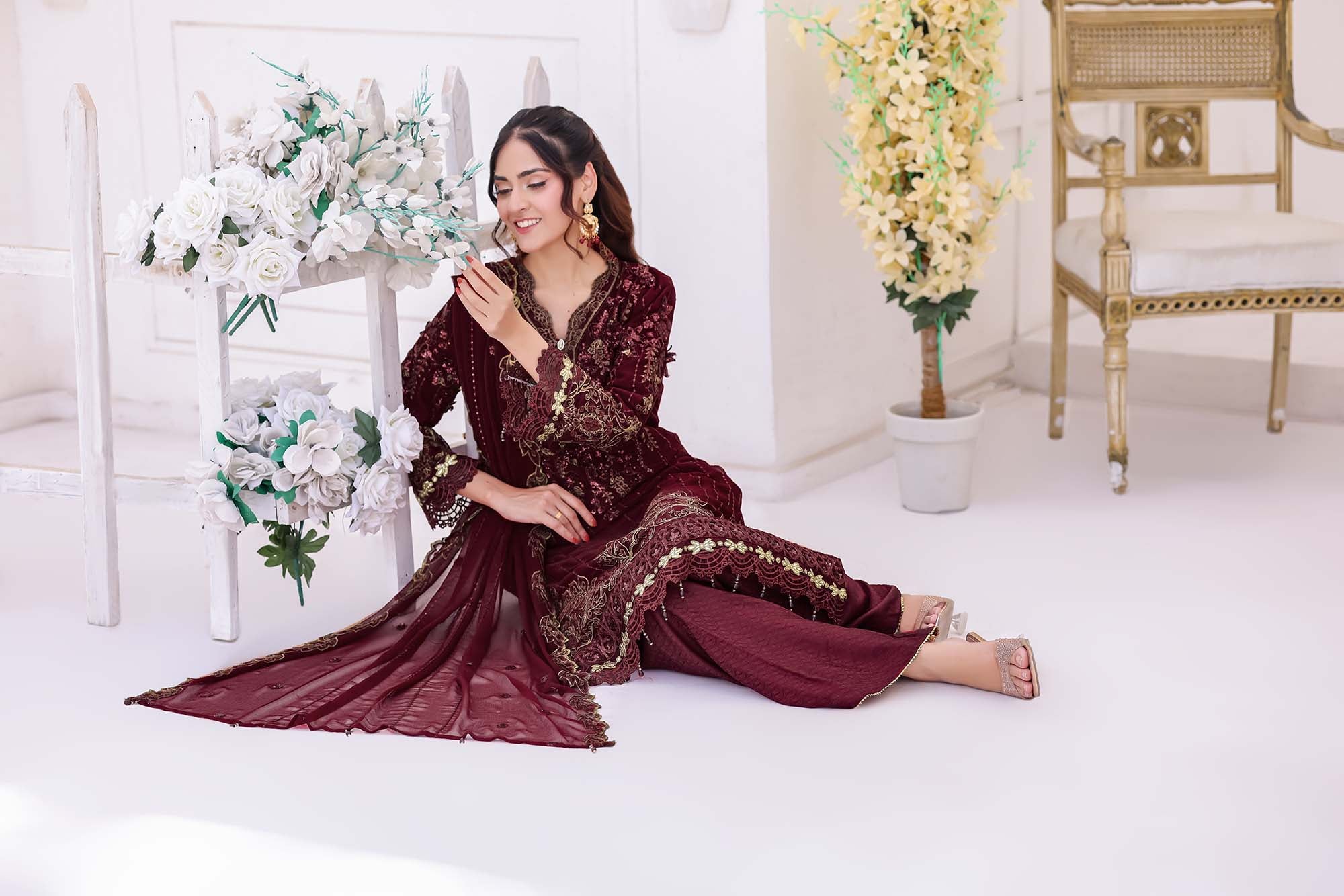 Maroon Ember Luxury Chiffon Formal Suit