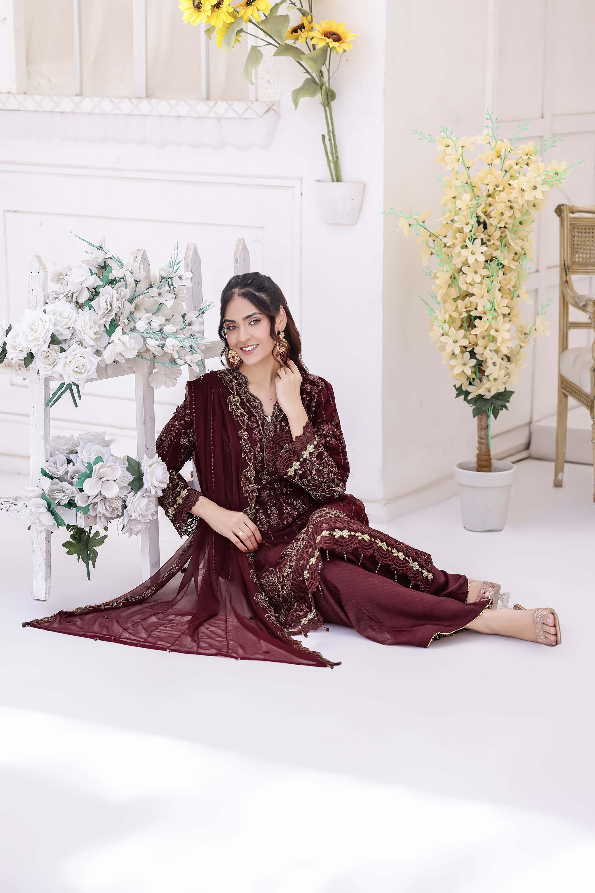 Maroon Ember Luxury Chiffon Formal Suit