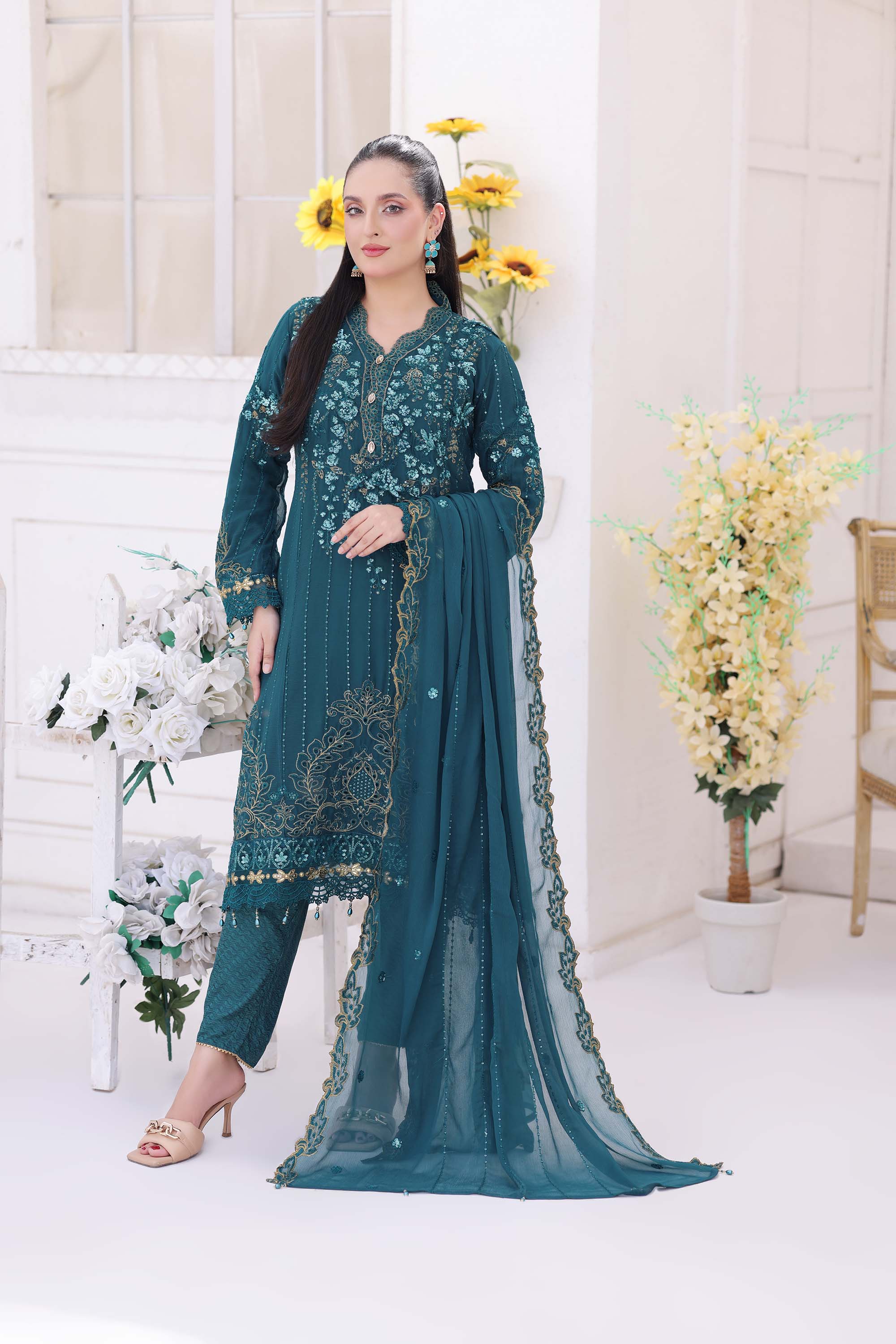 Teal Lagoon Chiffon Formal Suit