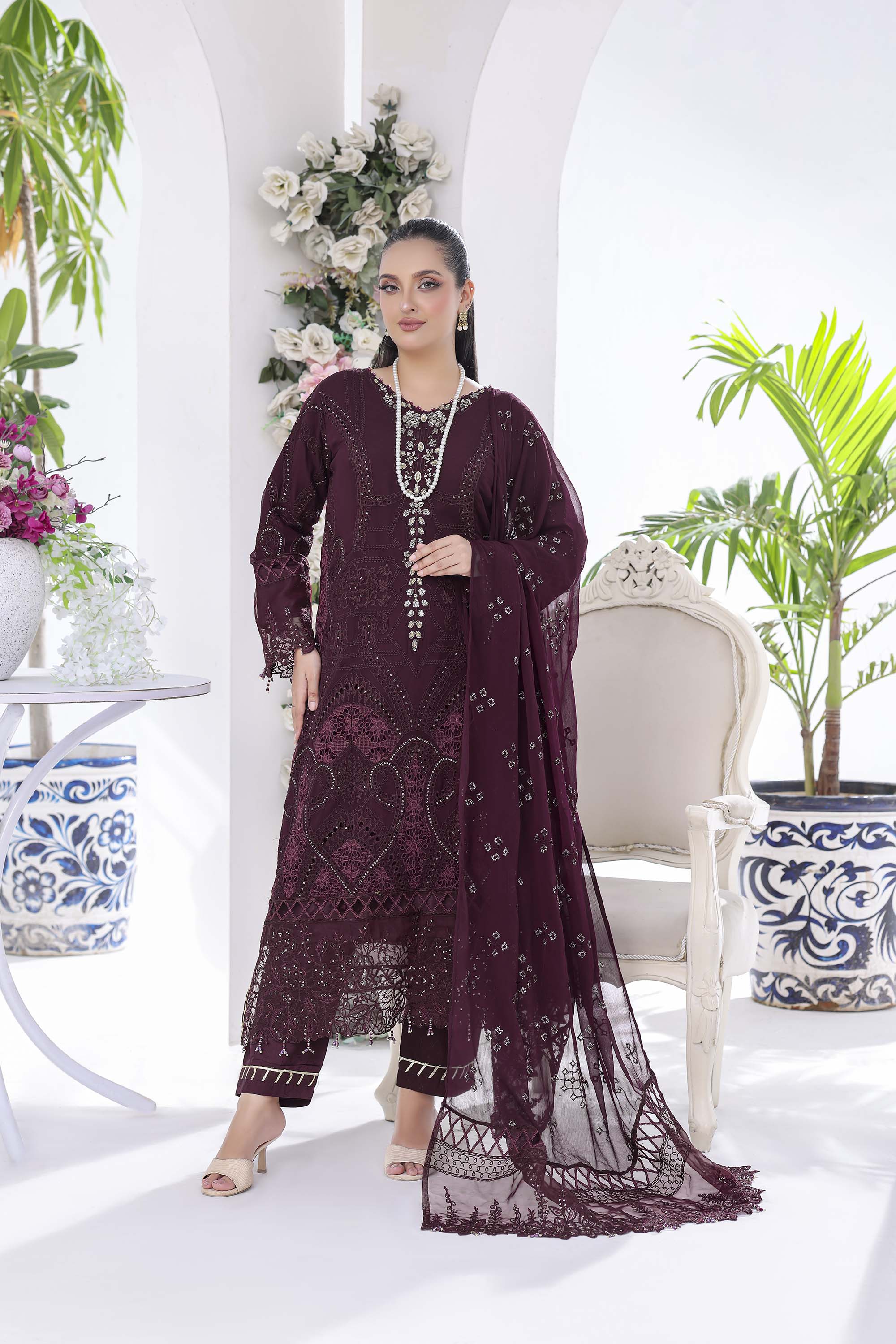 Lamya: Majestic Plum Maroon Formal Ensemble | Luxury Cutwork