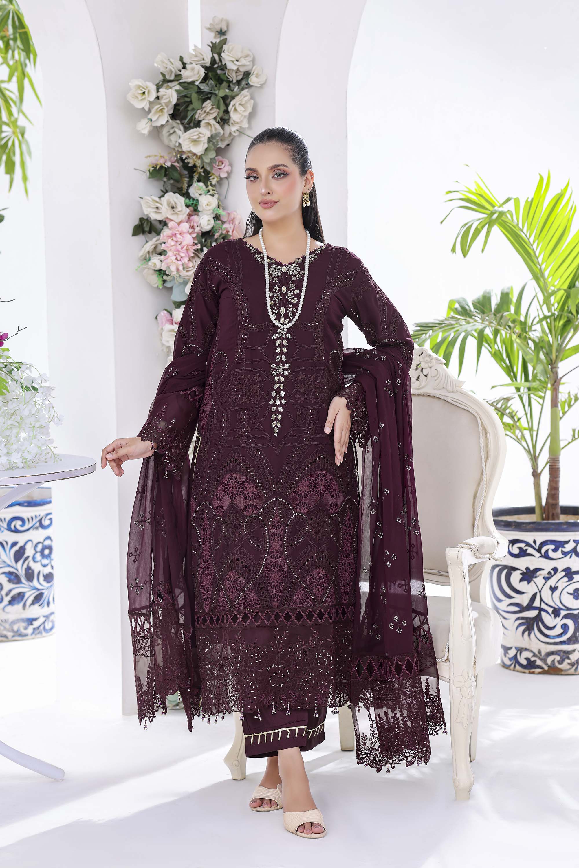 Lamya: Majestic Plum Maroon Formal Ensemble | Luxury Cutwork
