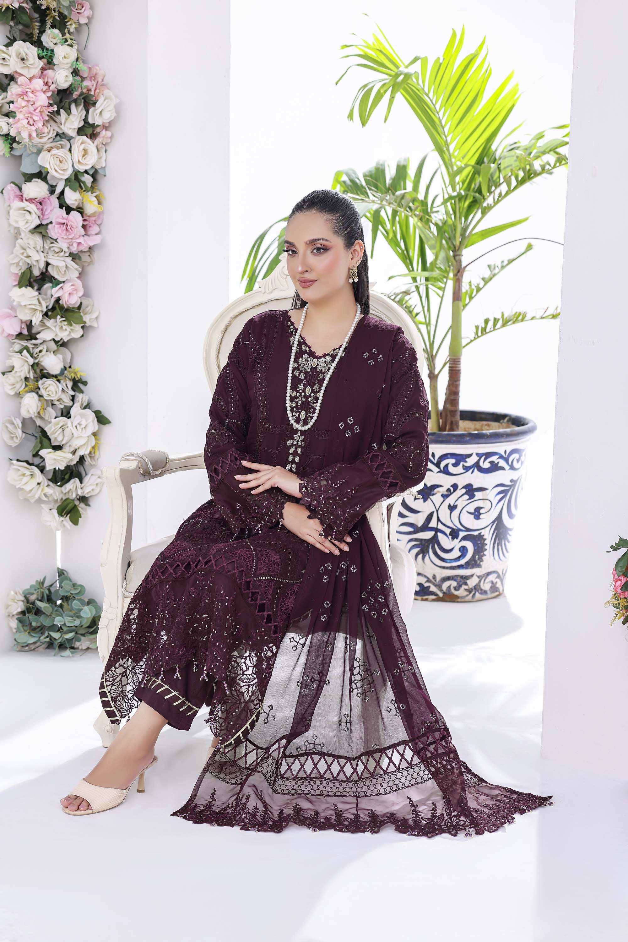 Lamya: Majestic Plum Maroon Formal Ensemble | Luxury Cutwork