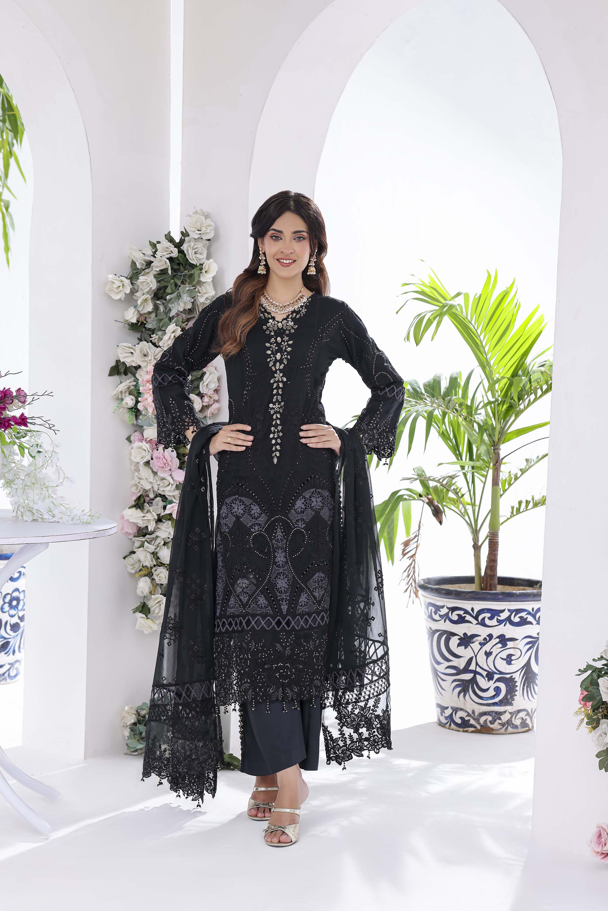 Lamya: Black Formal Ensemble | Heavy Embroidered Dupatta & Shirt