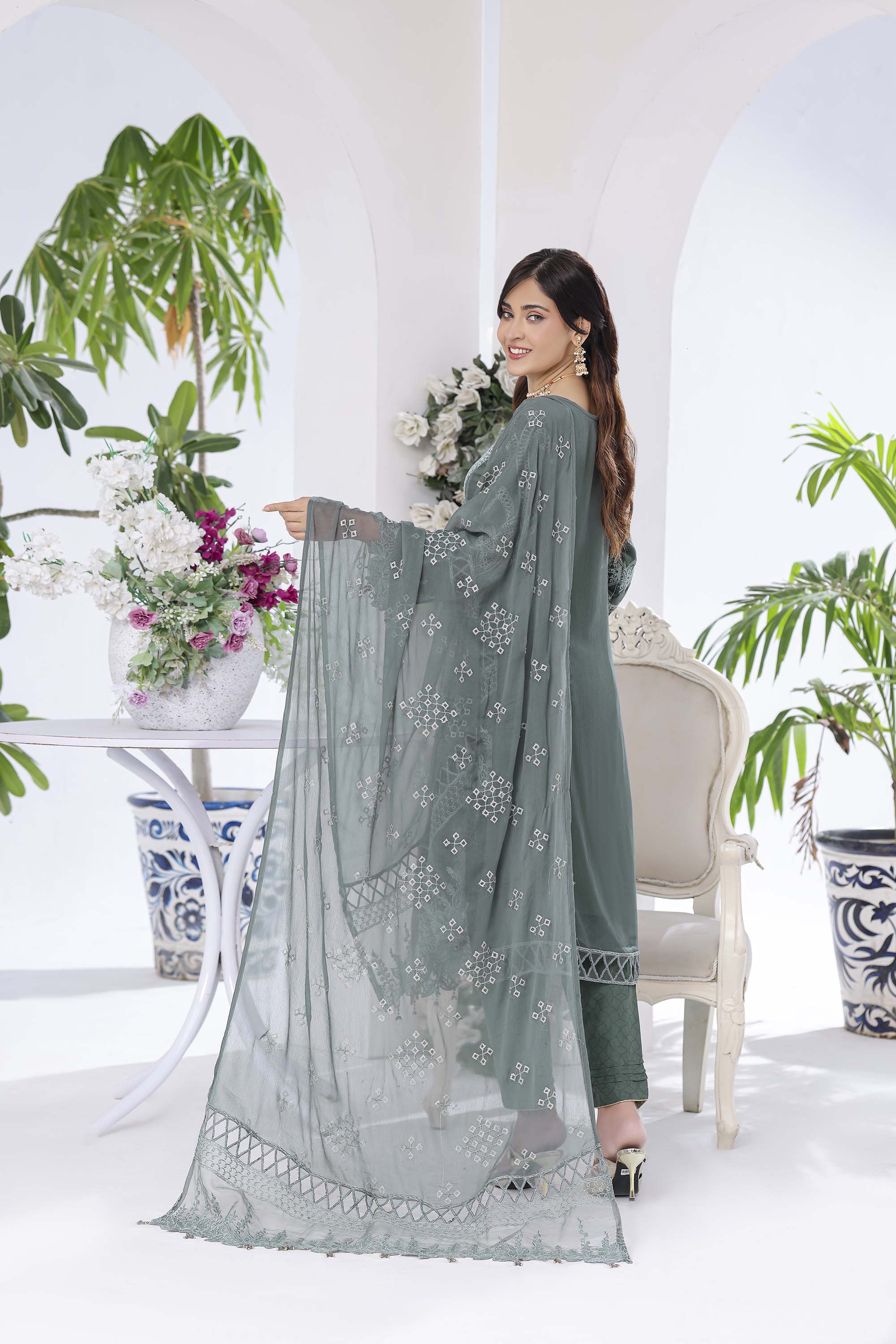 Lamya: Dusty Sage Green Ensemble | Intricate Geometric Embroidery