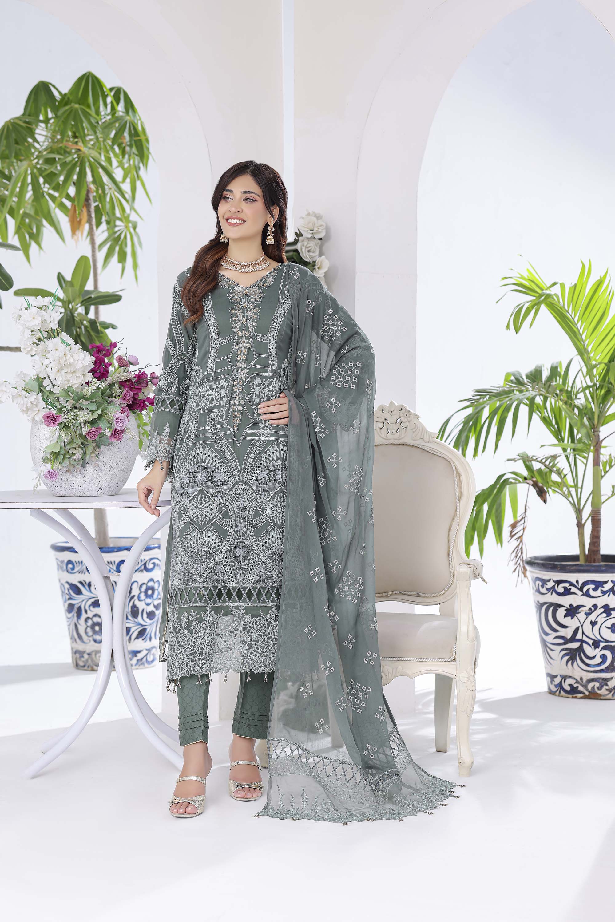 Lamya: Dusty Sage Green Ensemble | Intricate Geometric Embroidery