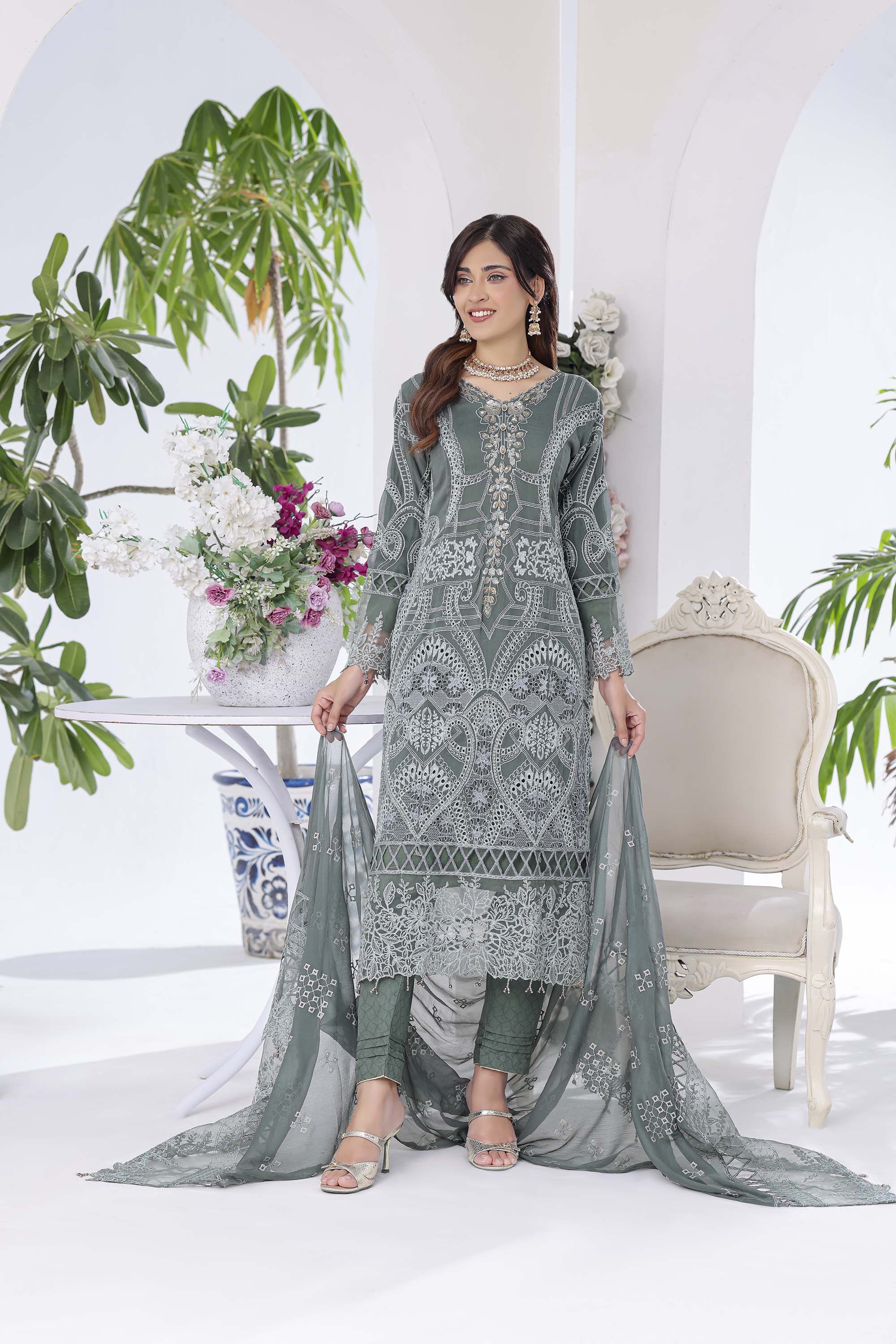 Lamya: Dusty Sage Green Ensemble | Intricate Geometric Embroidery