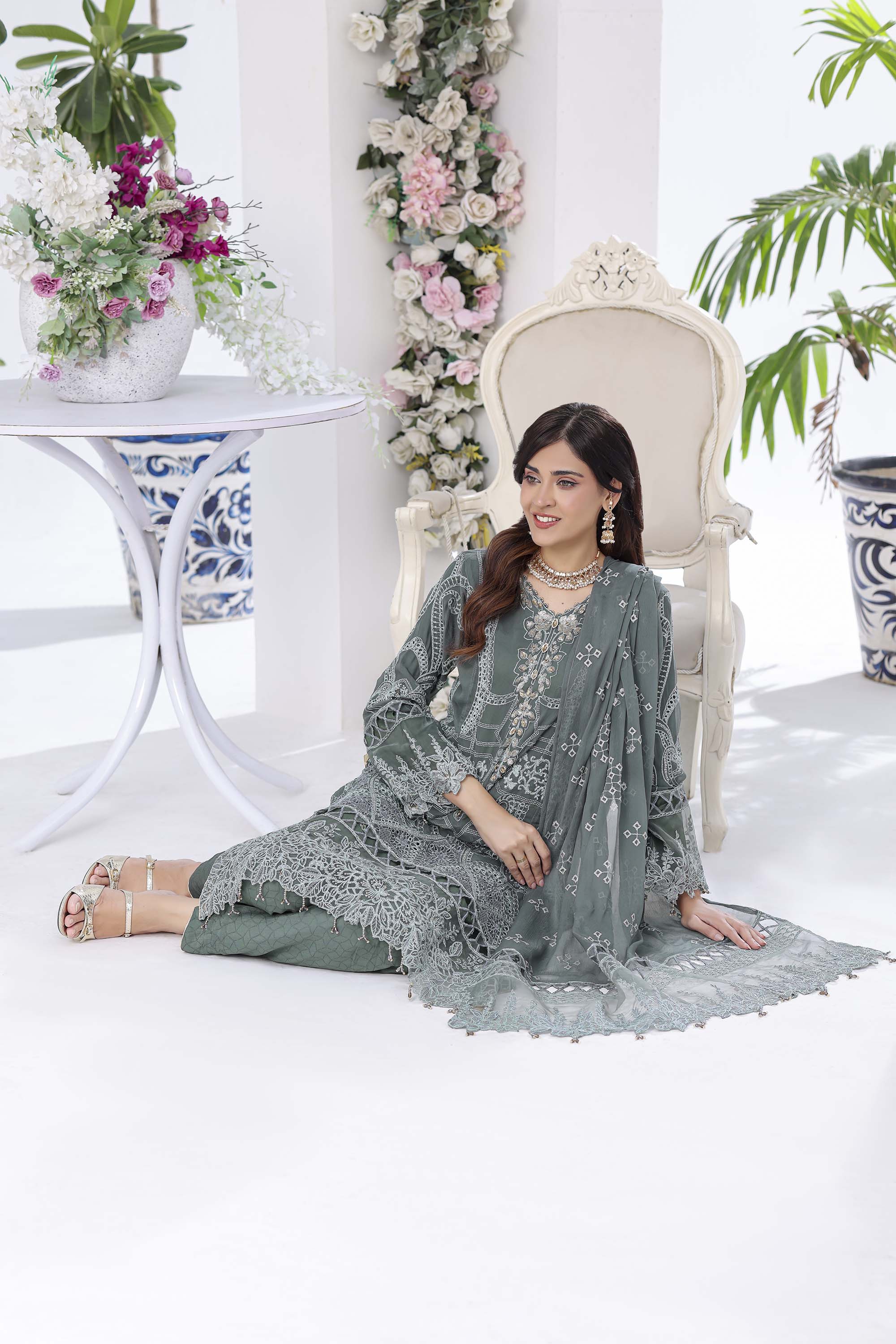 Lamya: Dusty Sage Green Ensemble | Intricate Geometric Embroidery