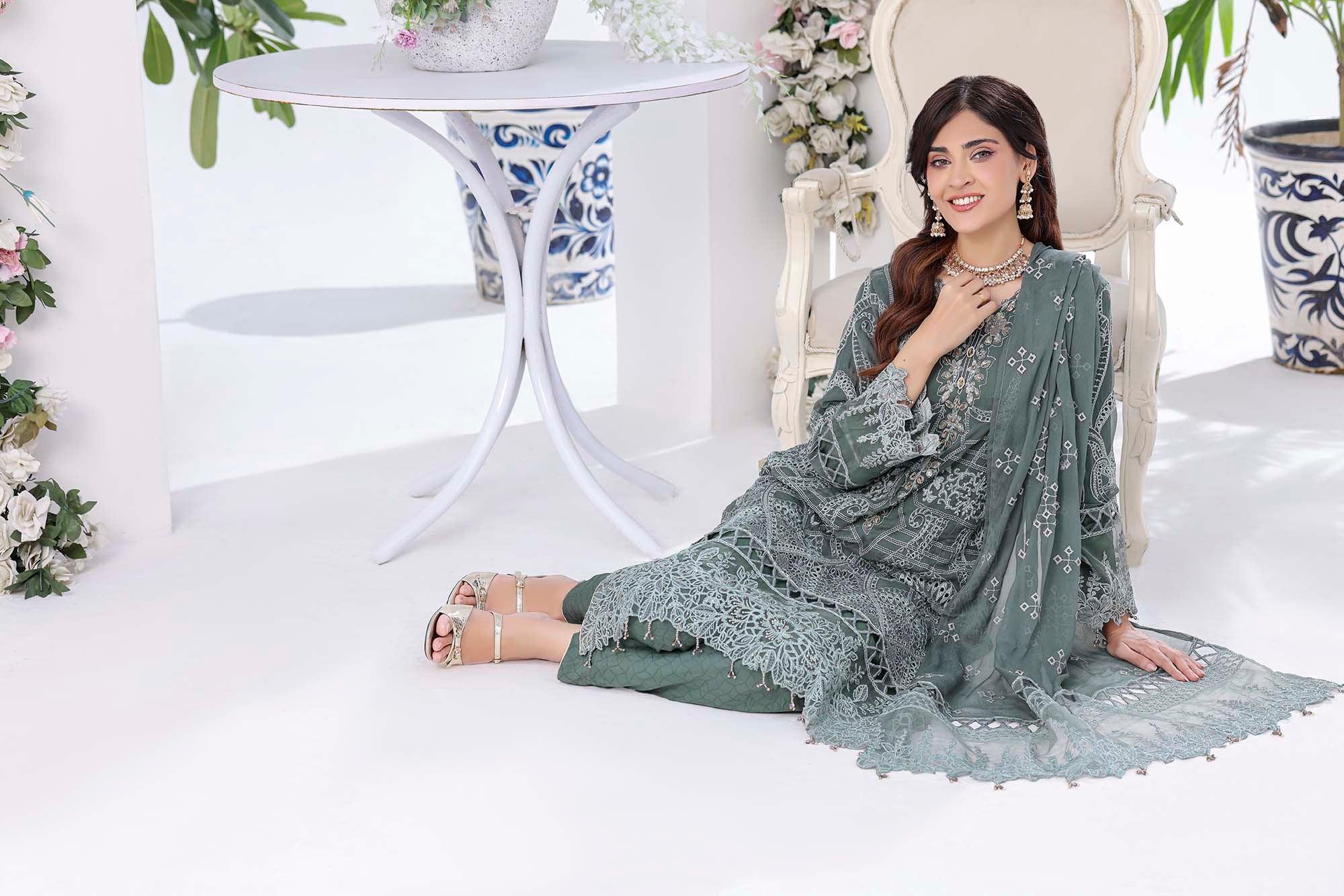Lamya: Dusty Sage Green Ensemble | Intricate Geometric Embroidery