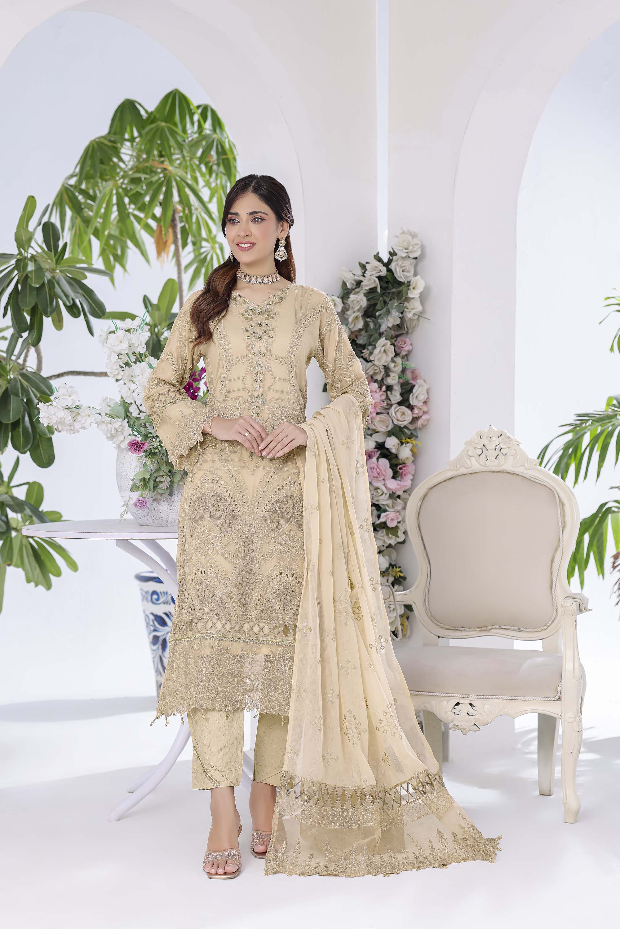 Lamya: Cream Beige Embroidered Ensemble | Luxury Threadwork