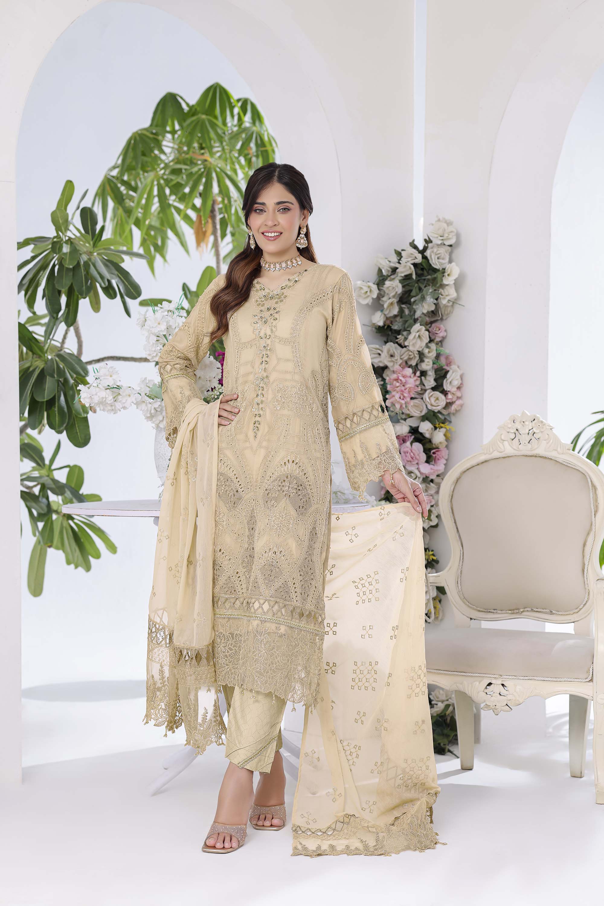 Lamya: Cream Beige Embroidered Ensemble | Luxury Threadwork
