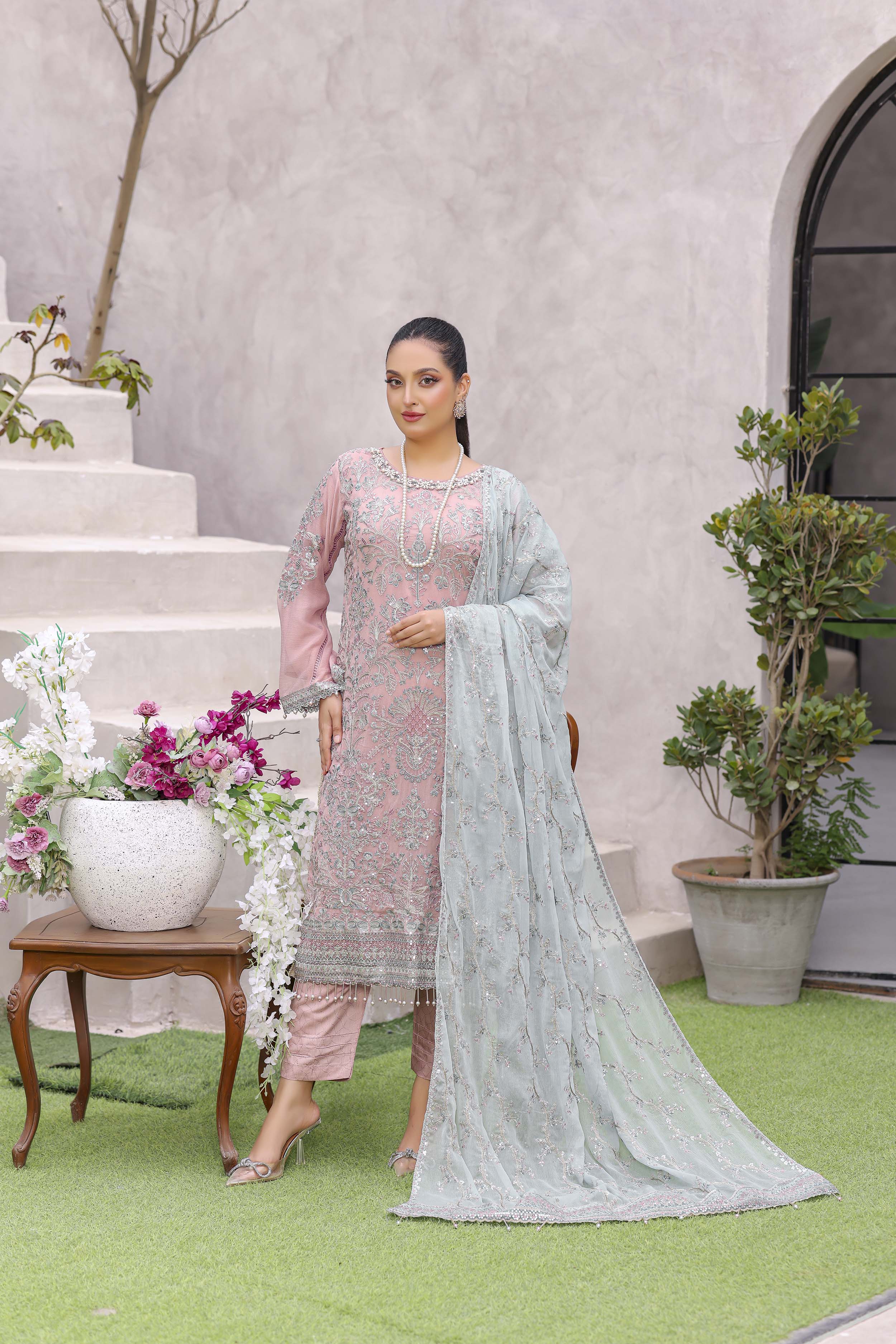 Blush Pink & Teal Chiffon Luxury