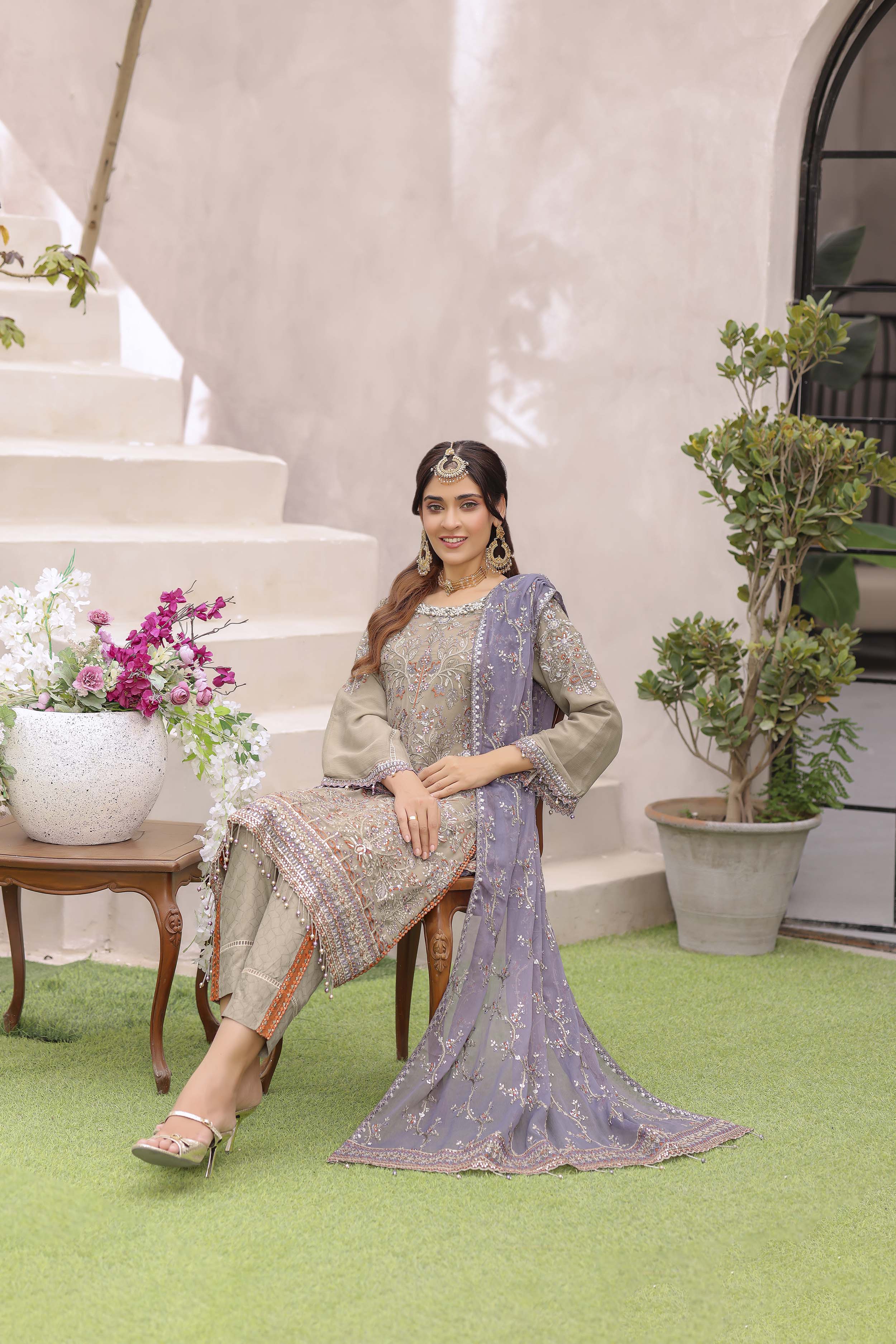 Moss Green Chiffon Suit with Mulberry Dupatta