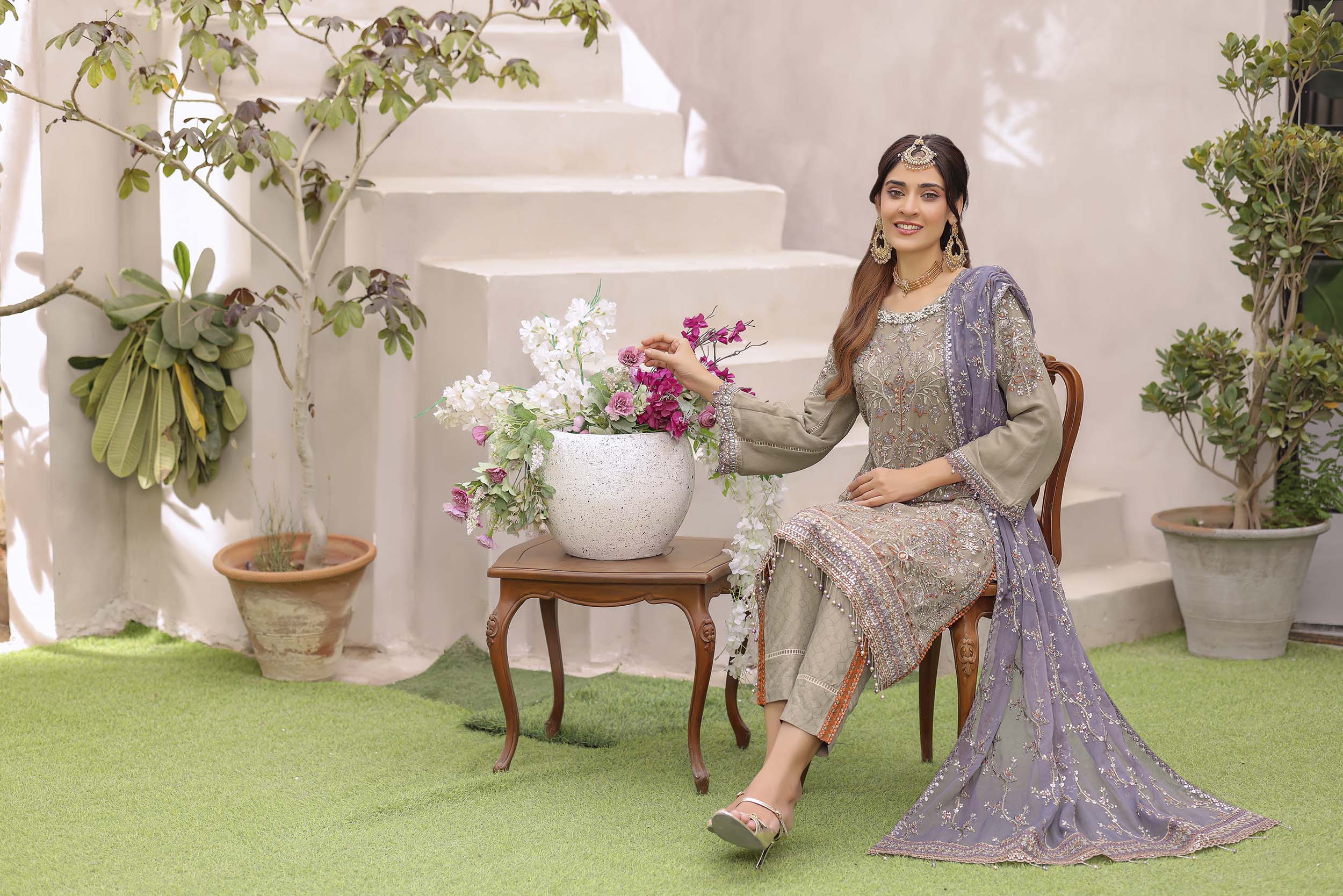 Moss Green Chiffon Suit with Mulberry Dupatta