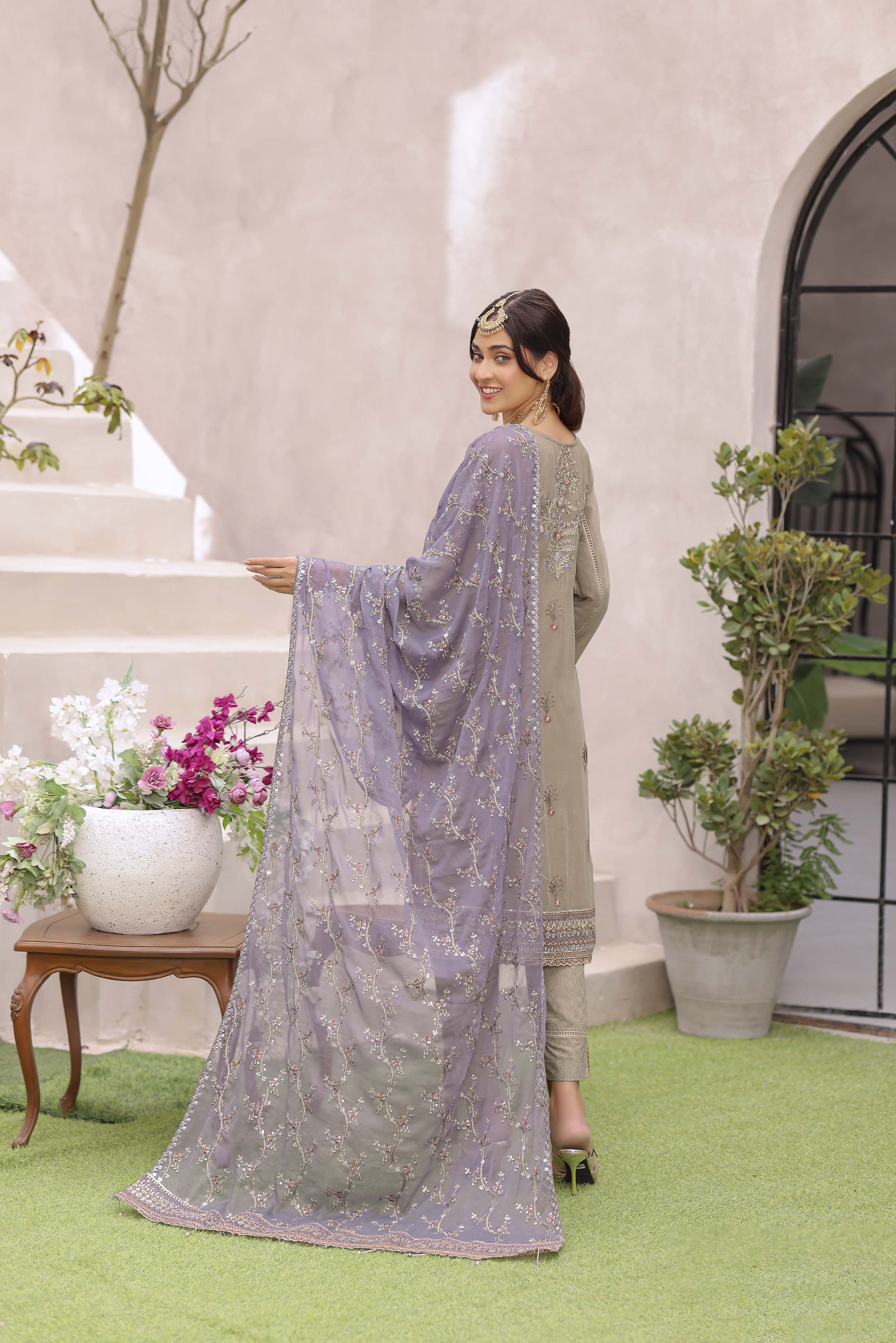 Moss Green Chiffon Suit with Mulberry Dupatta