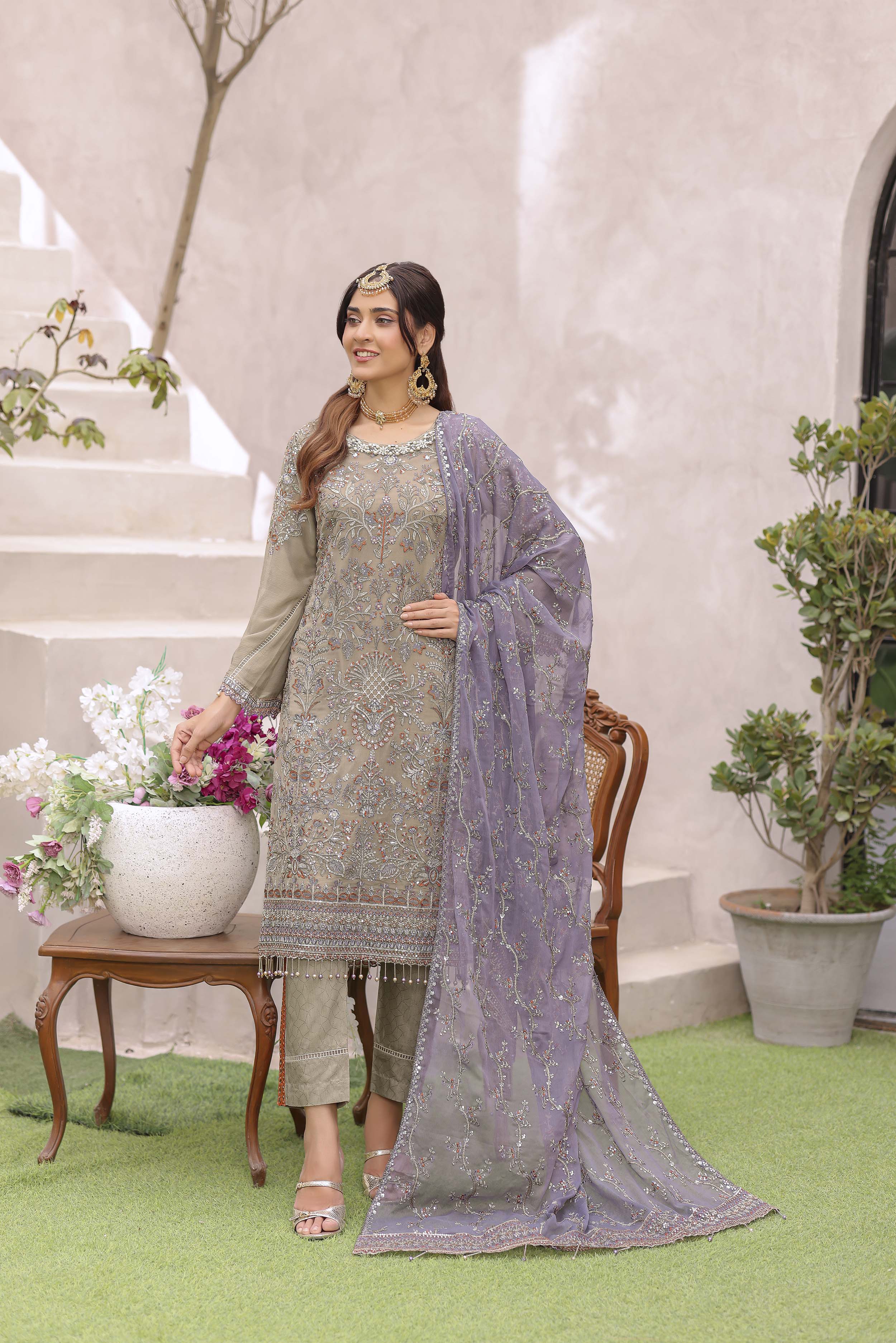 Moss Green Chiffon Suit with Mulberry Dupatta