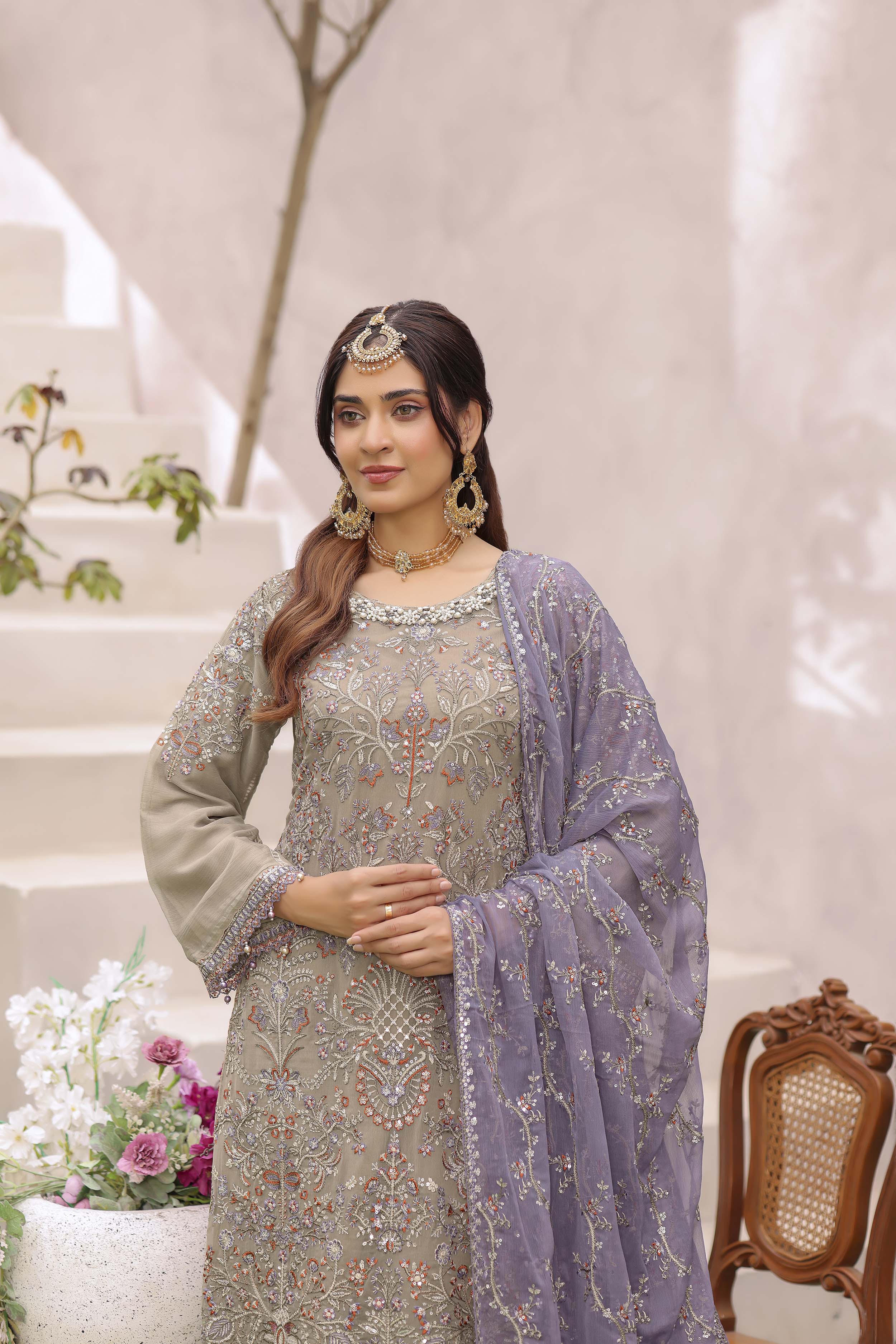 Moss Green Chiffon Suit with Mulberry Dupatta