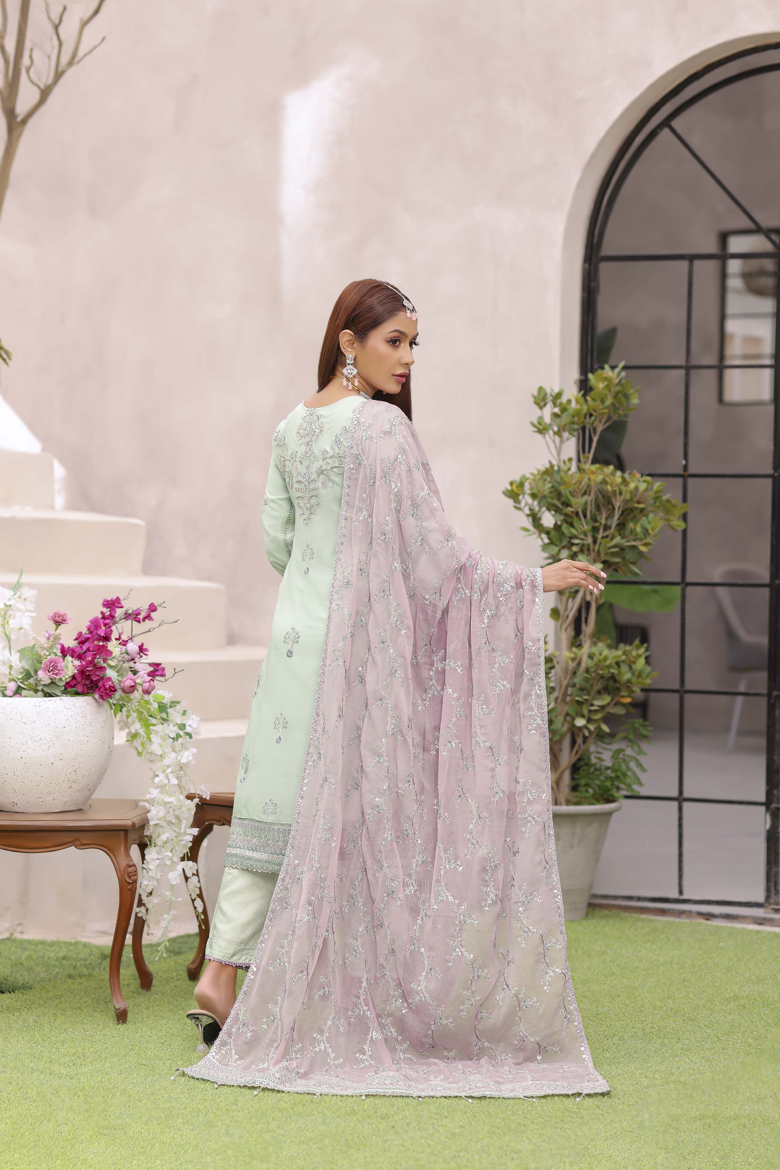 Pistachio Pastel Embroidered Chiffon Suit