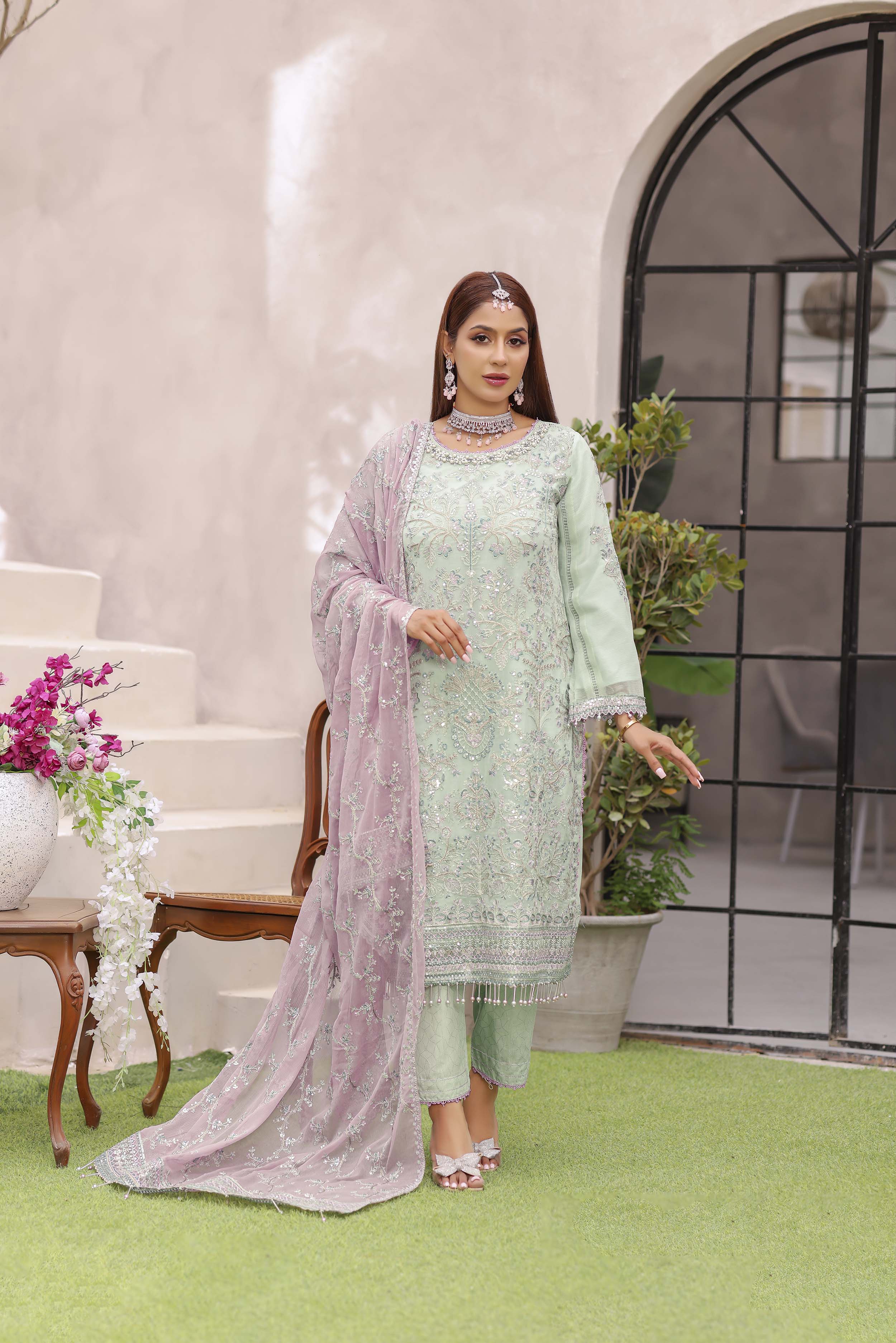 Pistachio Pastel Embroidered Chiffon Suit
