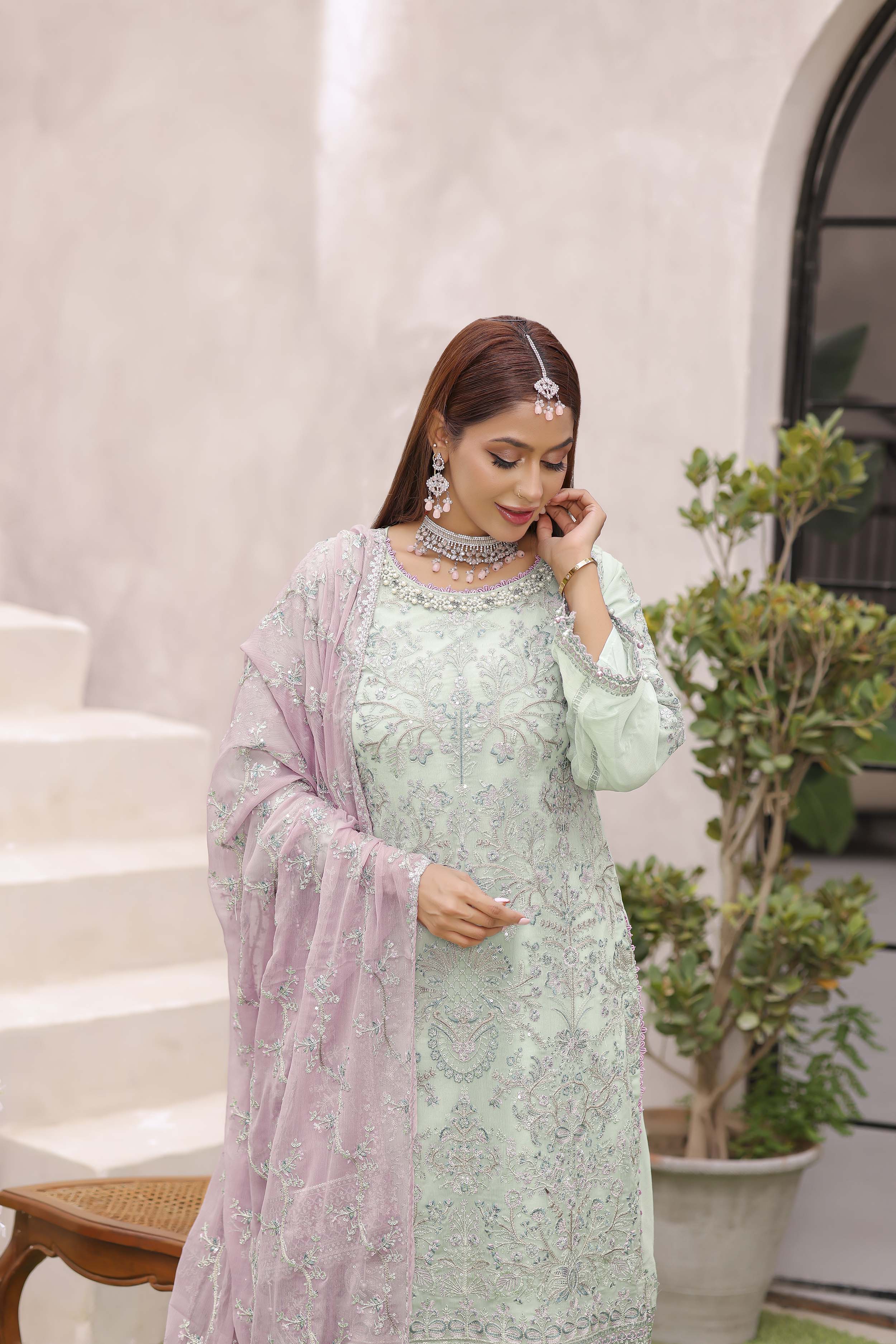 Pistachio Pastel Embroidered Chiffon Suit