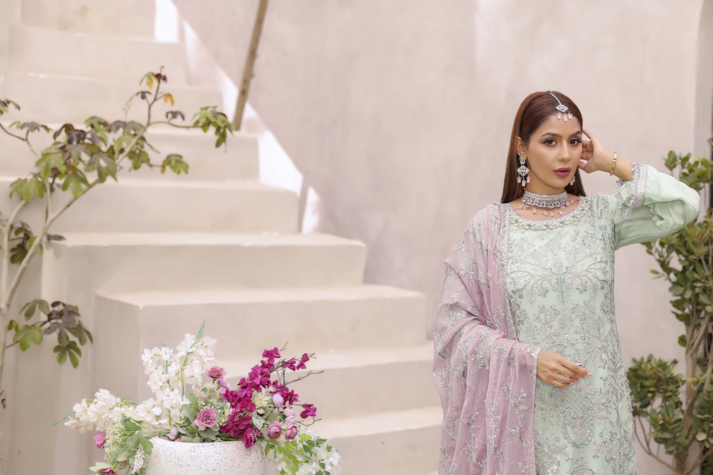 Pistachio Pastel Embroidered Chiffon Suit
