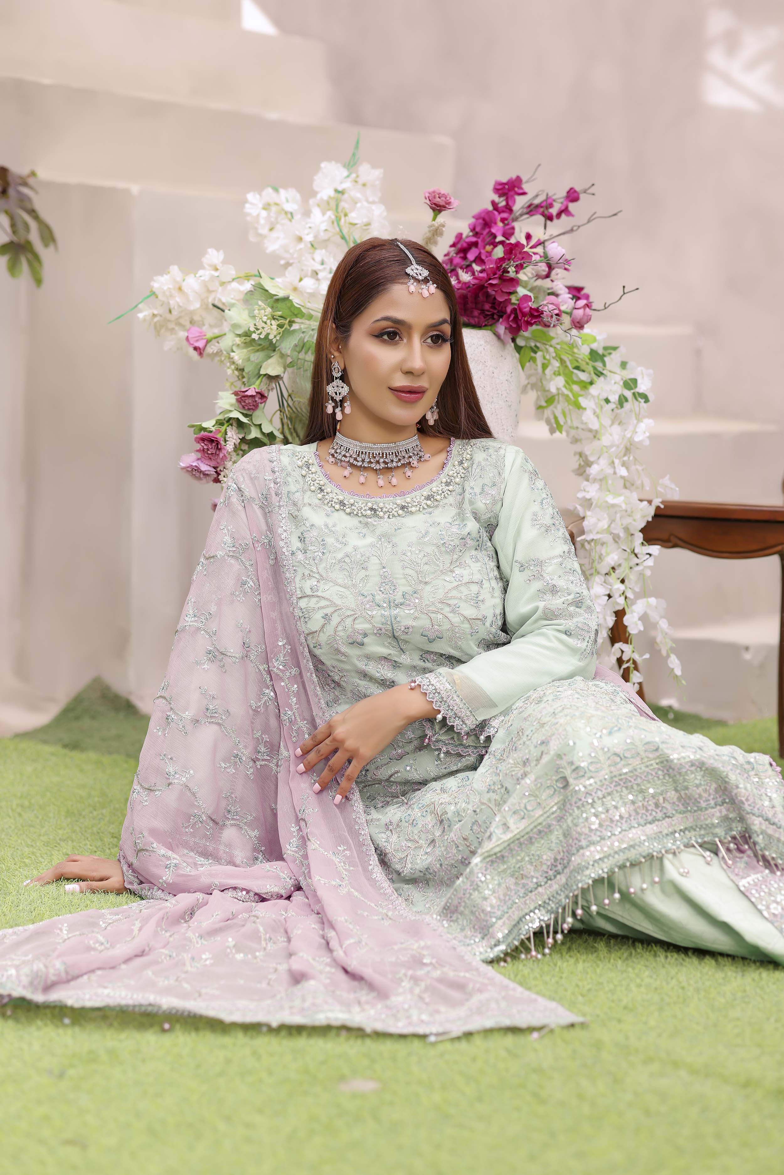 Pistachio Pastel Embroidered Chiffon Suit