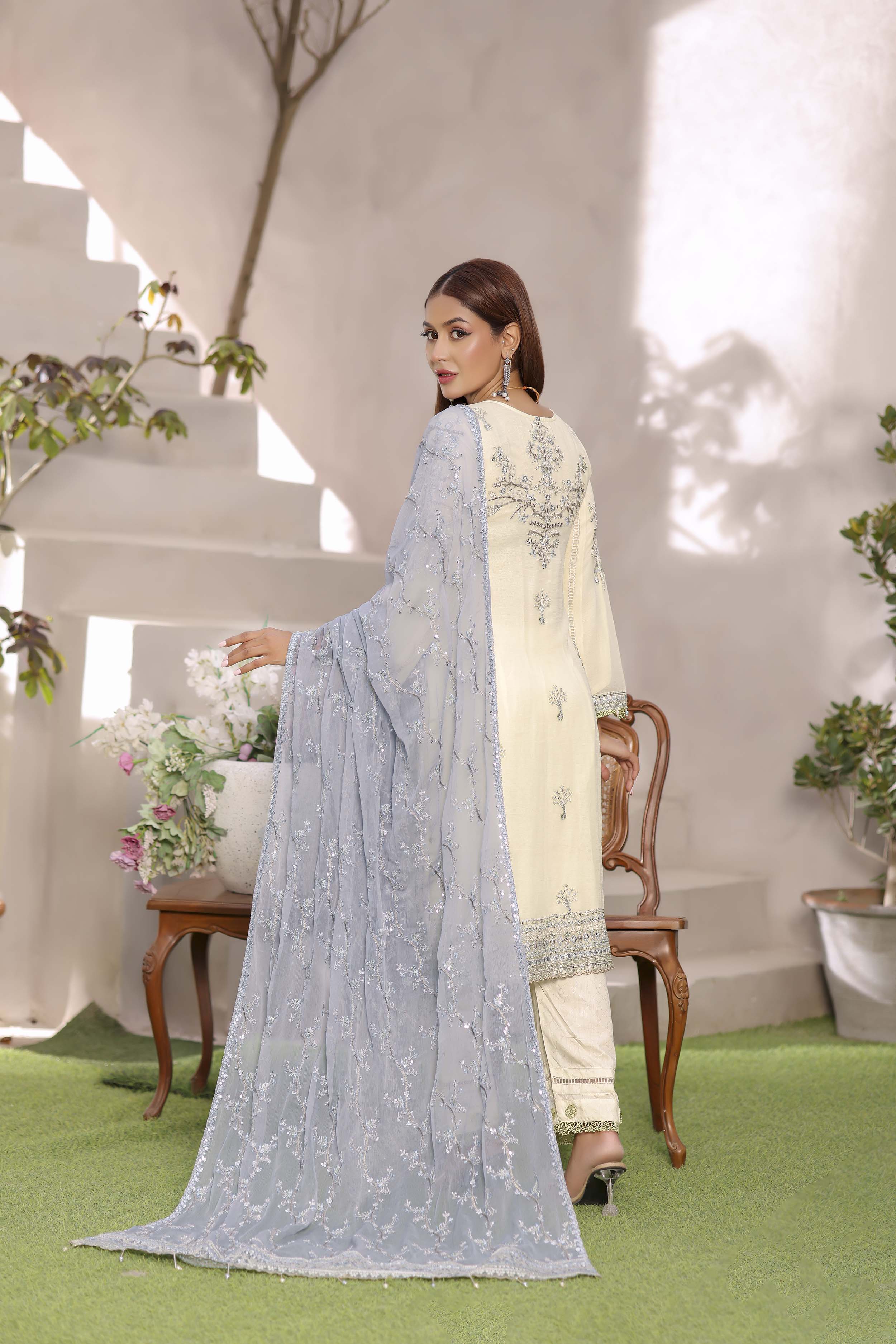 Ivory & Dusty Blue Chiffon Ensemble