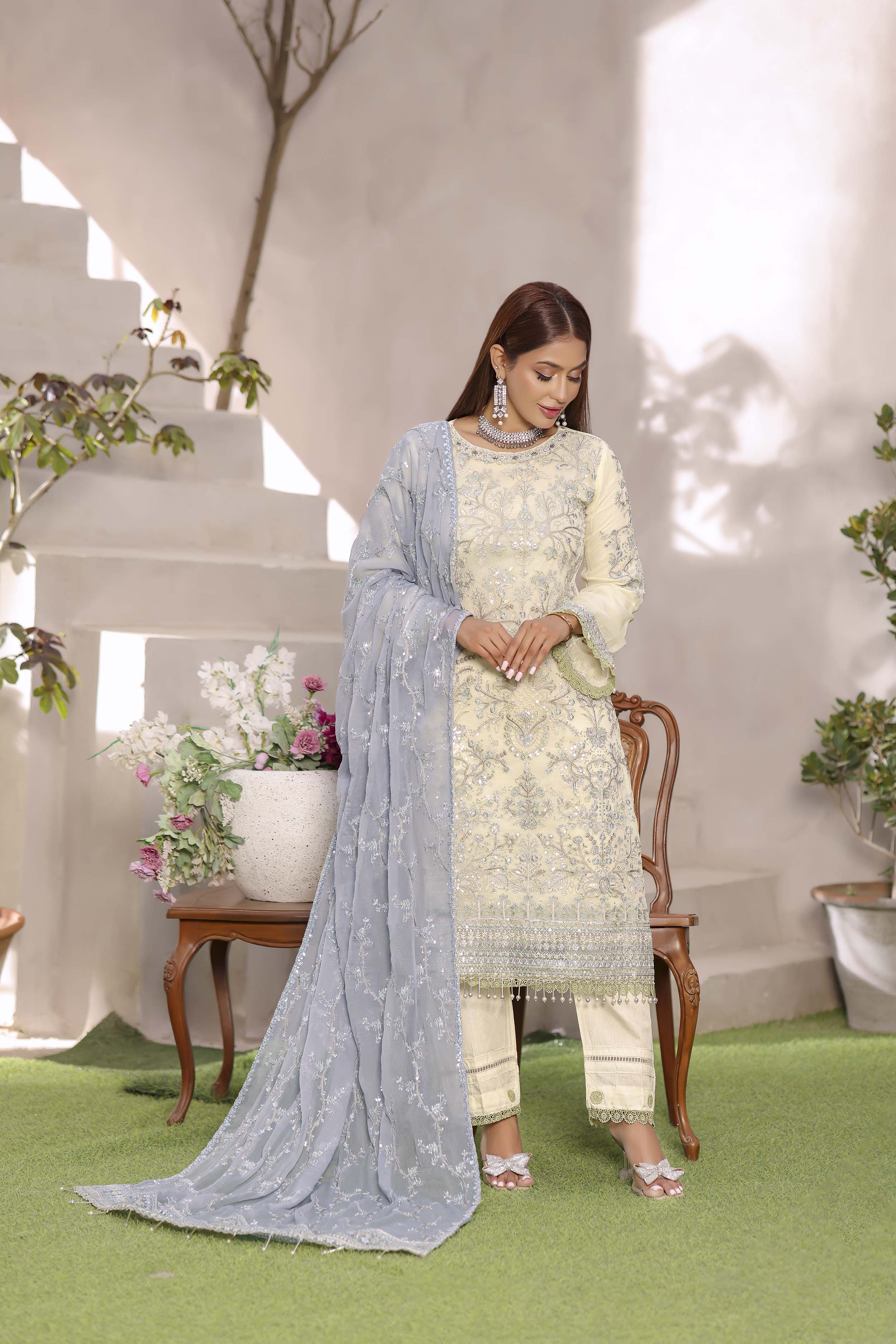 Ivory & Dusty Blue Chiffon Ensemble
