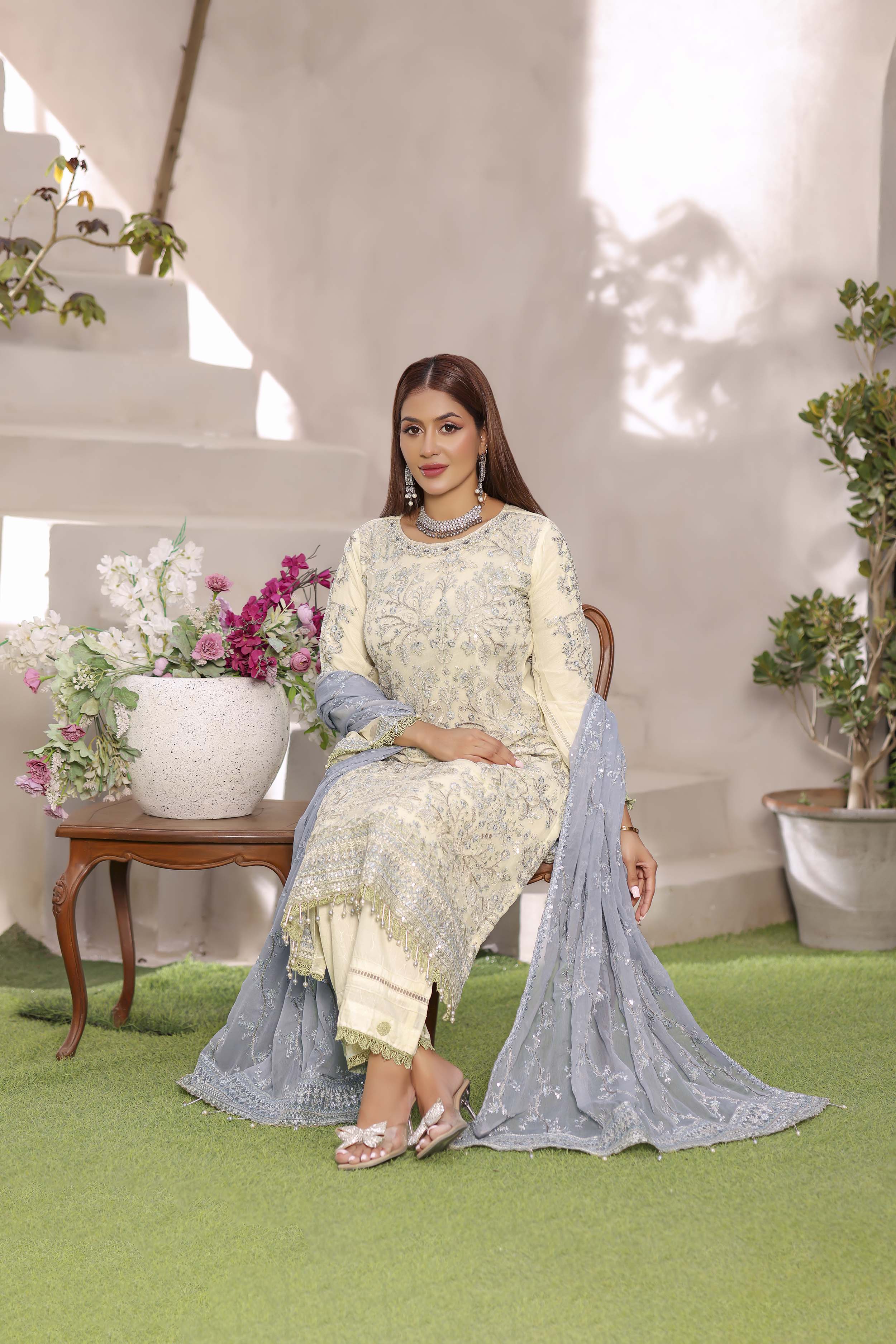 Ivory & Dusty Blue Chiffon Ensemble