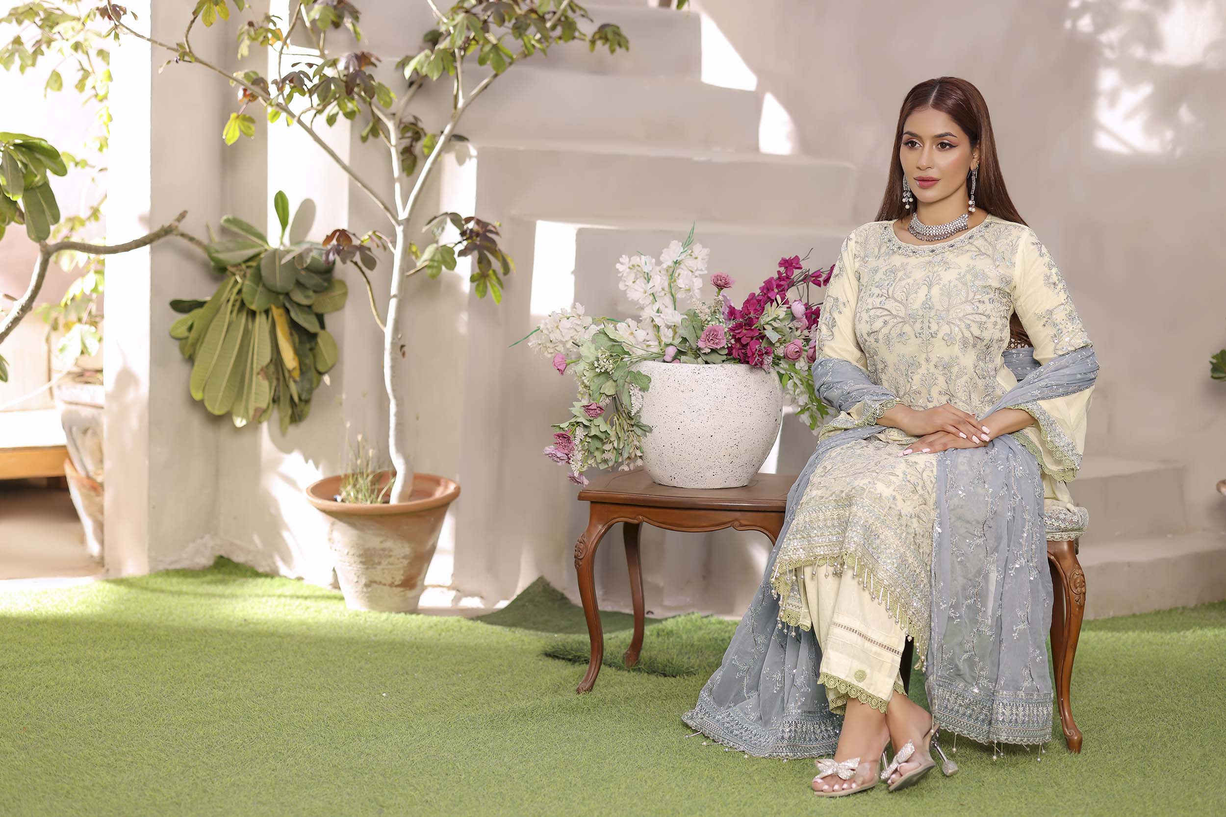 Ivory & Dusty Blue Chiffon Ensemble