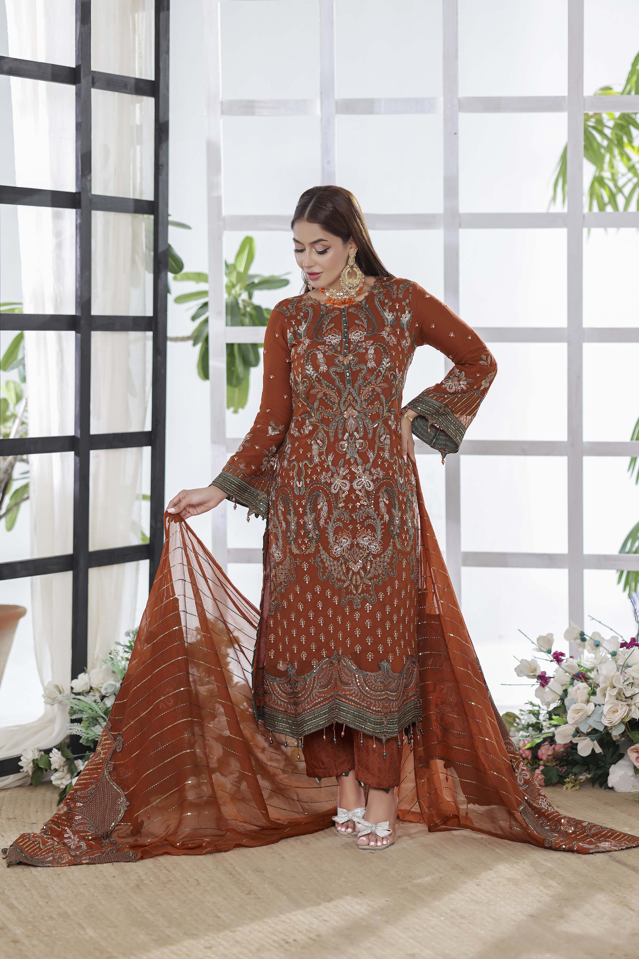 Ghuncha – Burnt Rust Luxury Chiffon Outfit