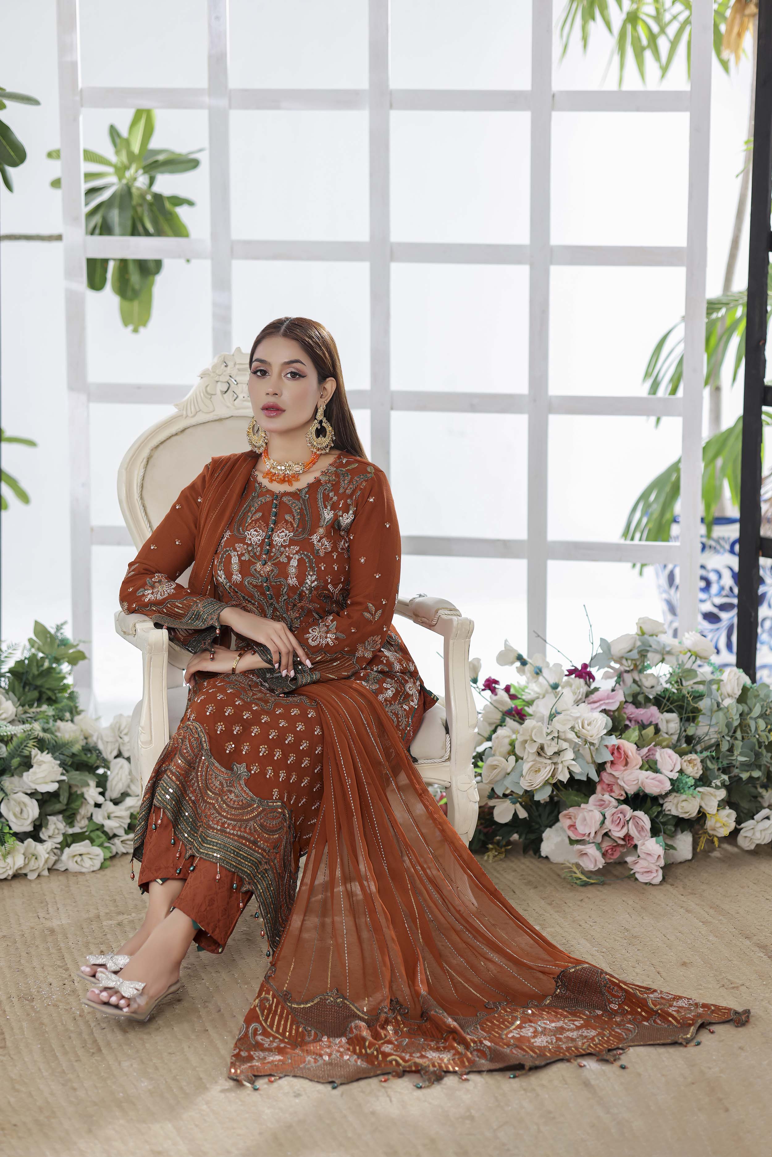 Ghuncha – Burnt Rust Luxury Chiffon Outfit