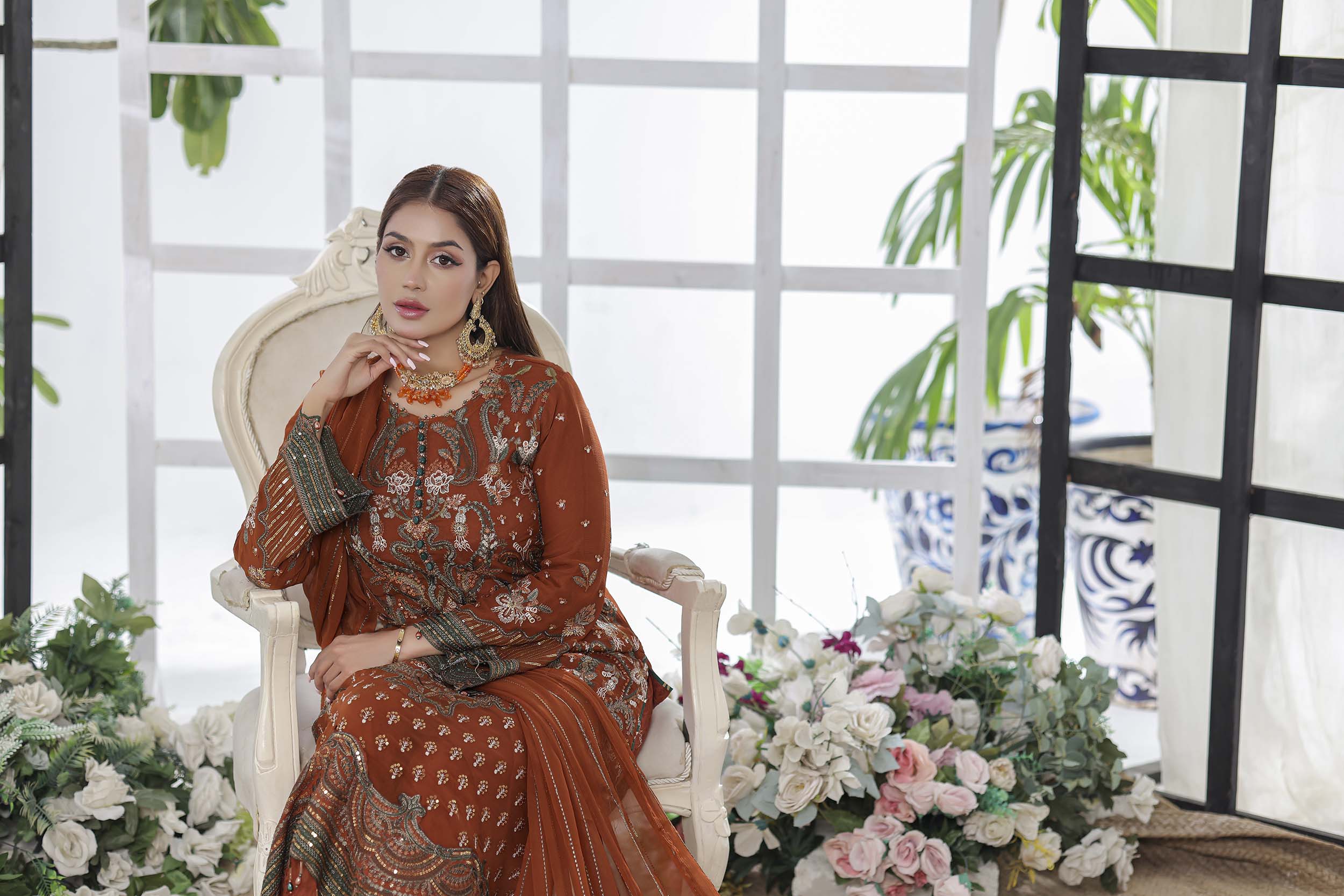 Ghuncha – Burnt Rust Luxury Chiffon Outfit