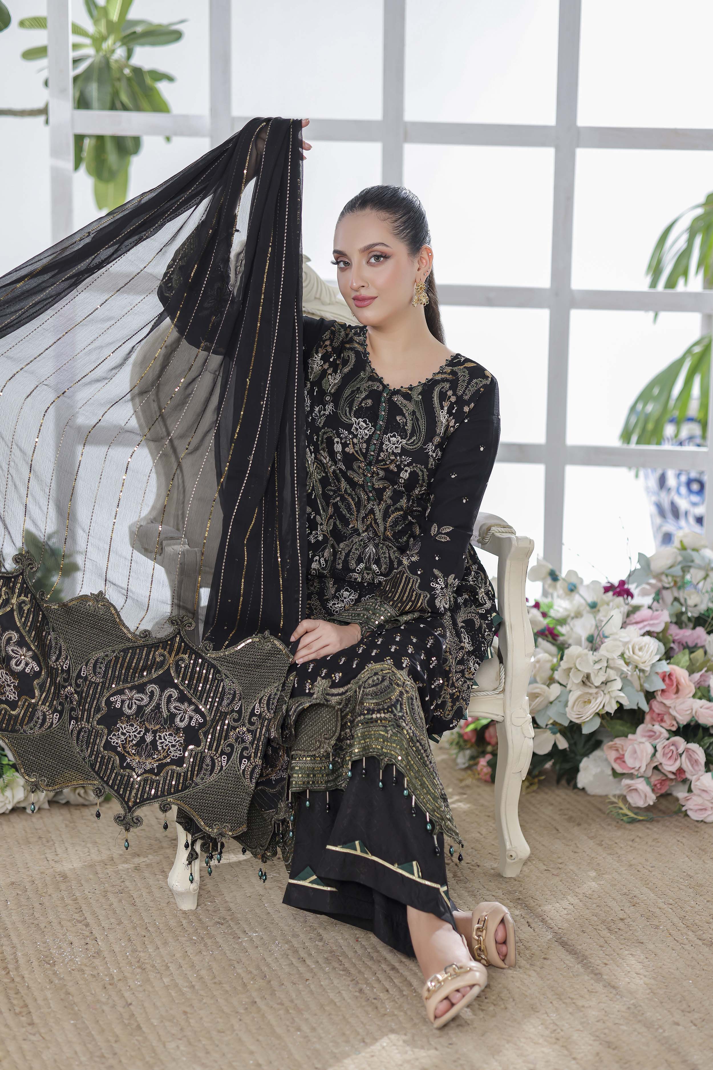 Ghuncha – Onyx Black Luxury Chiffon Outfit