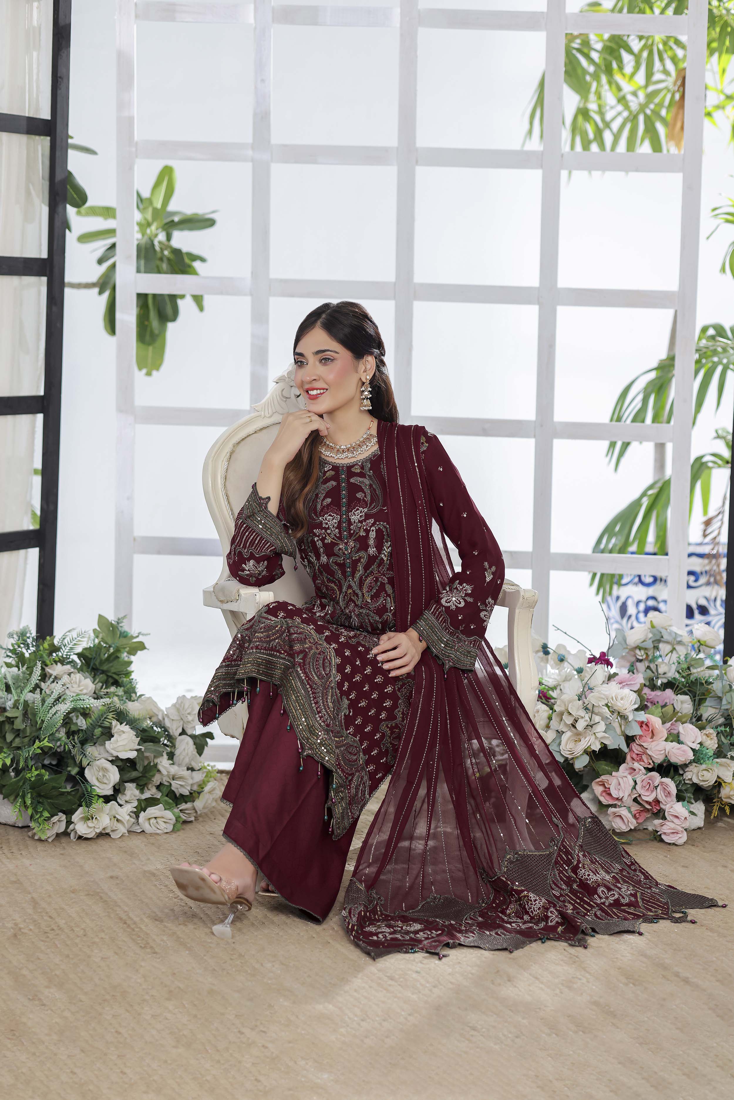 Ghuncha – Deep Maroon Luxury Chiffon Outfit