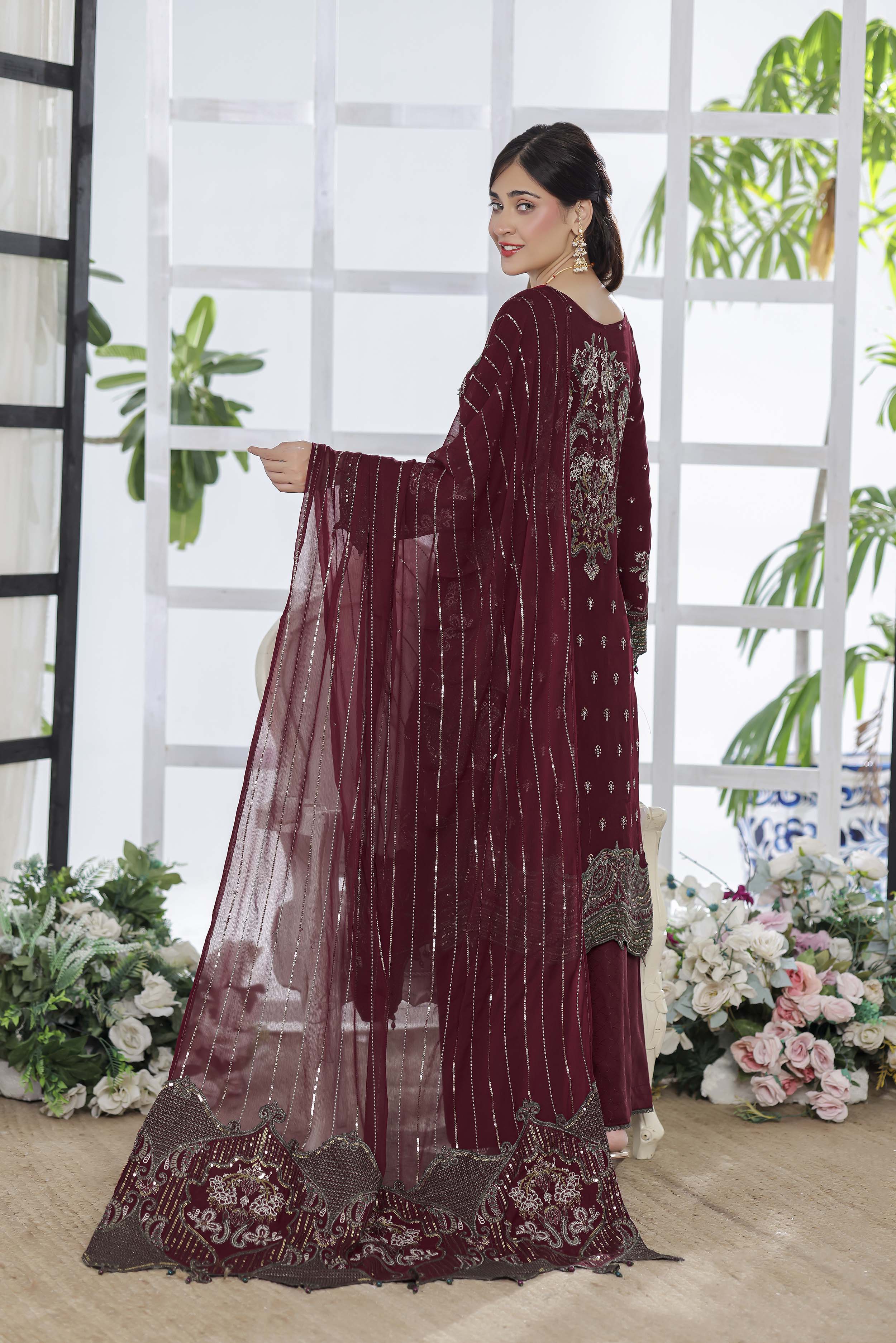 Ghuncha – Deep Maroon Luxury Chiffon Outfit