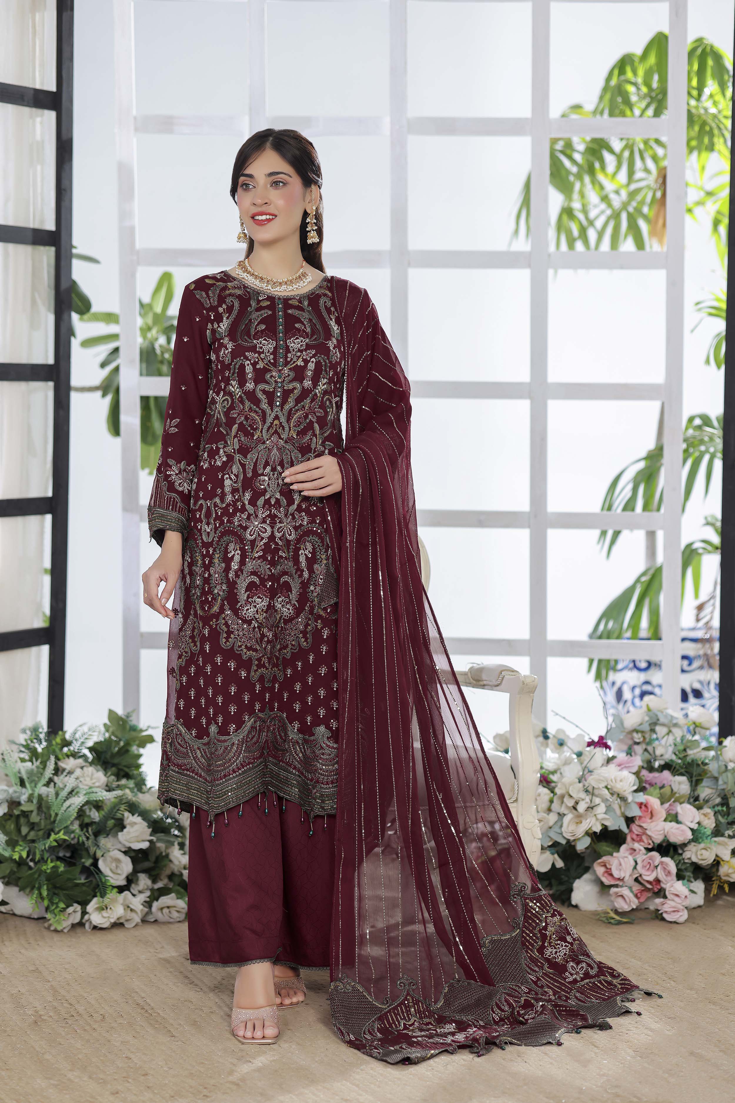 Ghuncha – Deep Maroon Luxury Chiffon Outfit