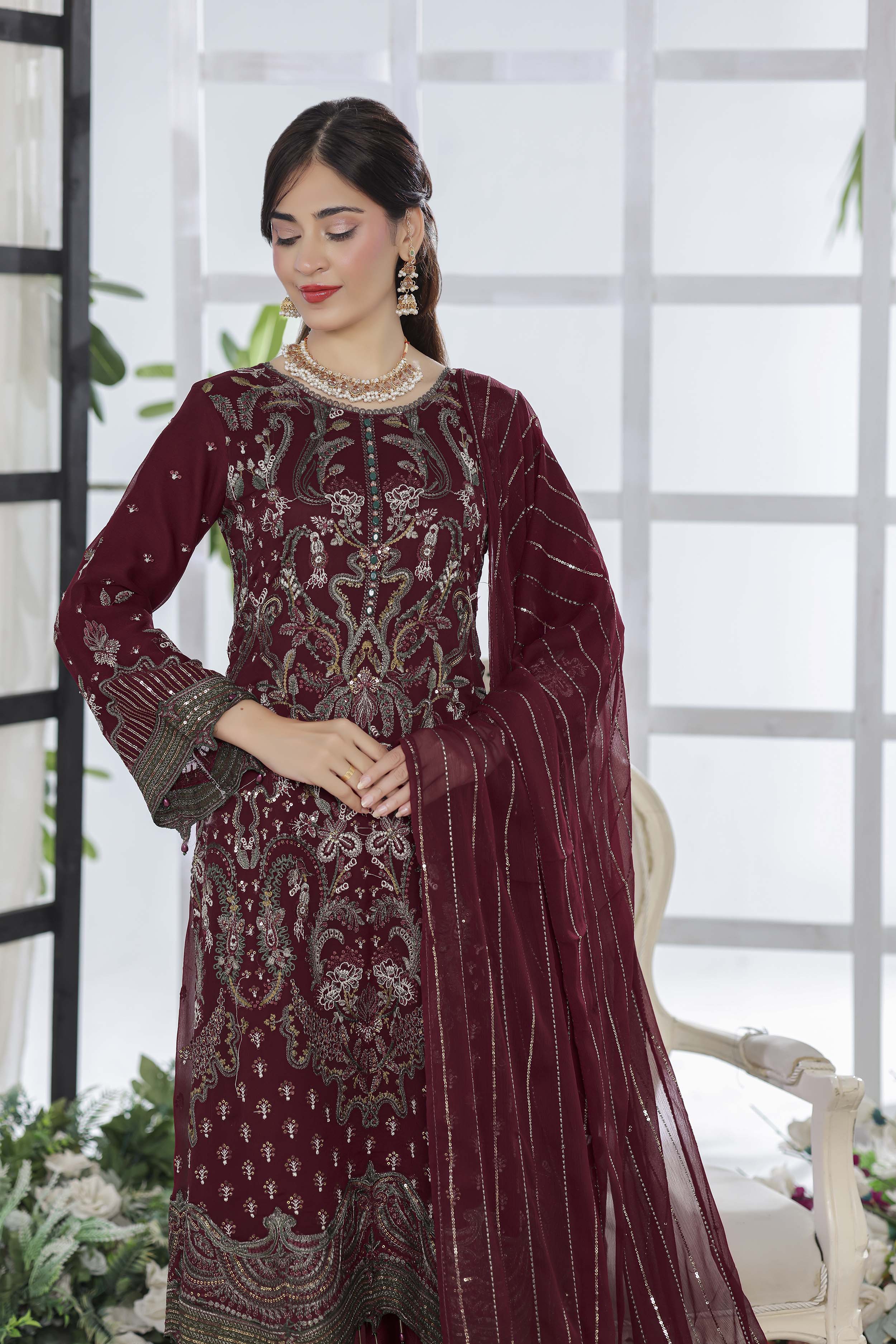 Ghuncha – Deep Maroon Luxury Chiffon Outfit
