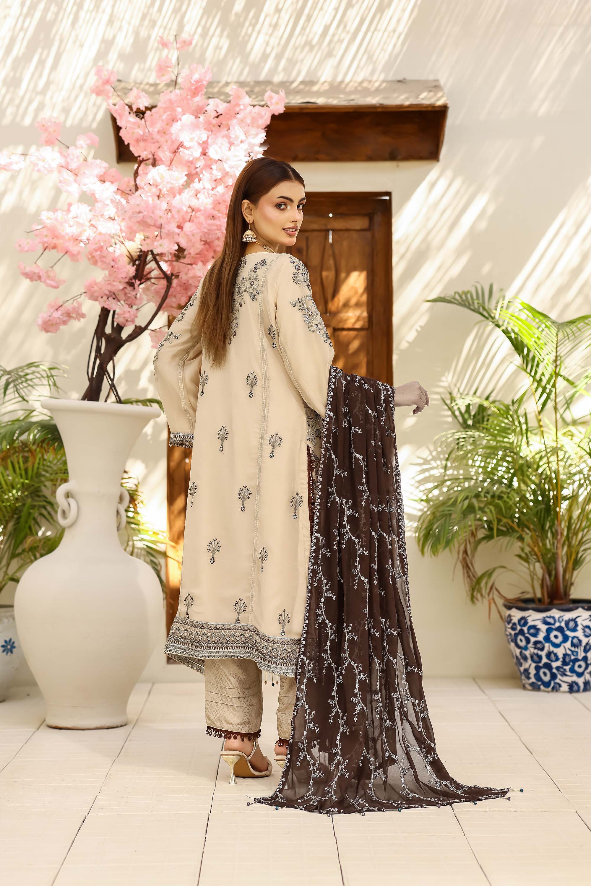 LA Bella Skin Special - Embroidered Ensemble with Espresso Brown Dupatta