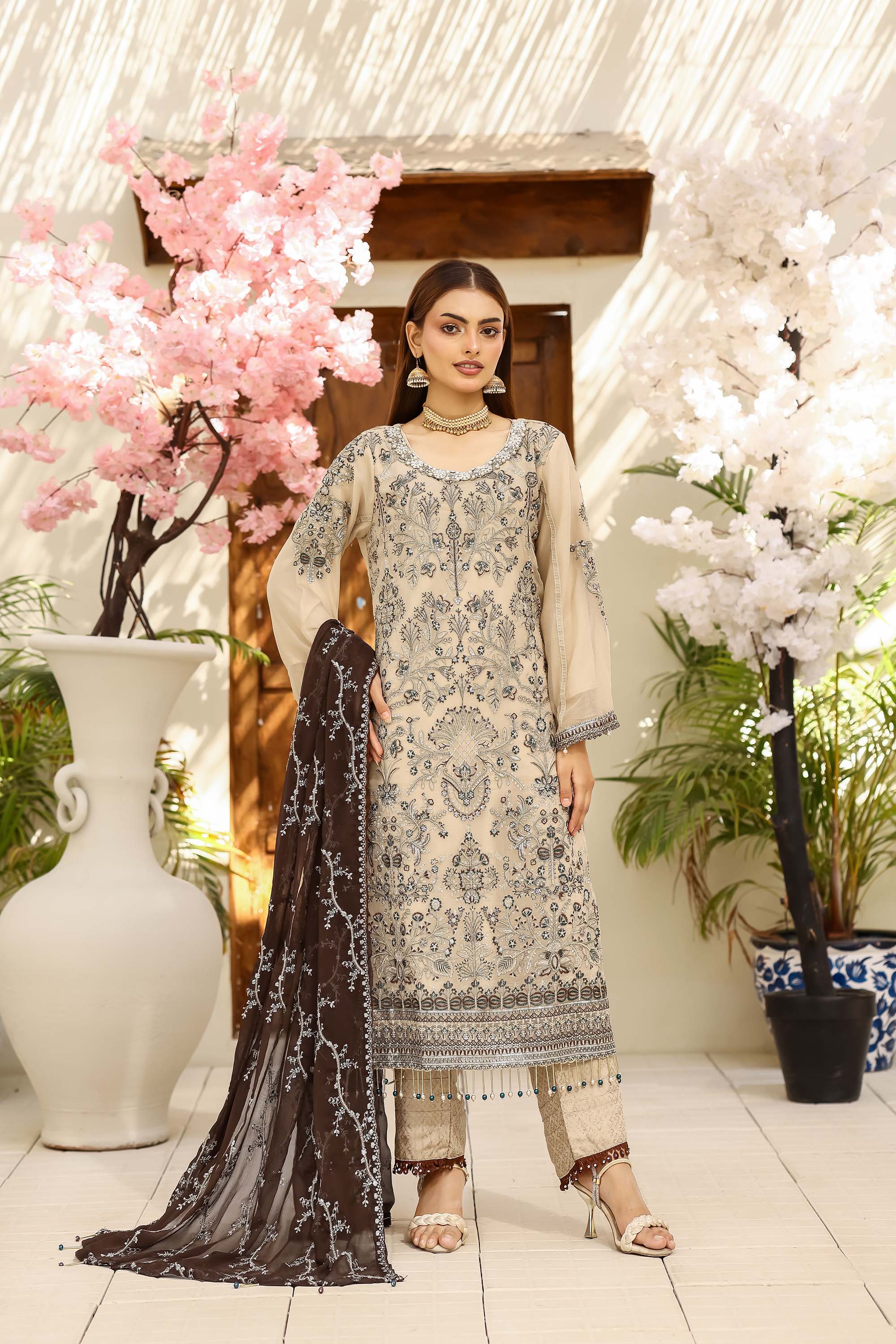 LA Bella Skin Special - Embroidered Ensemble with Espresso Brown Dupatta