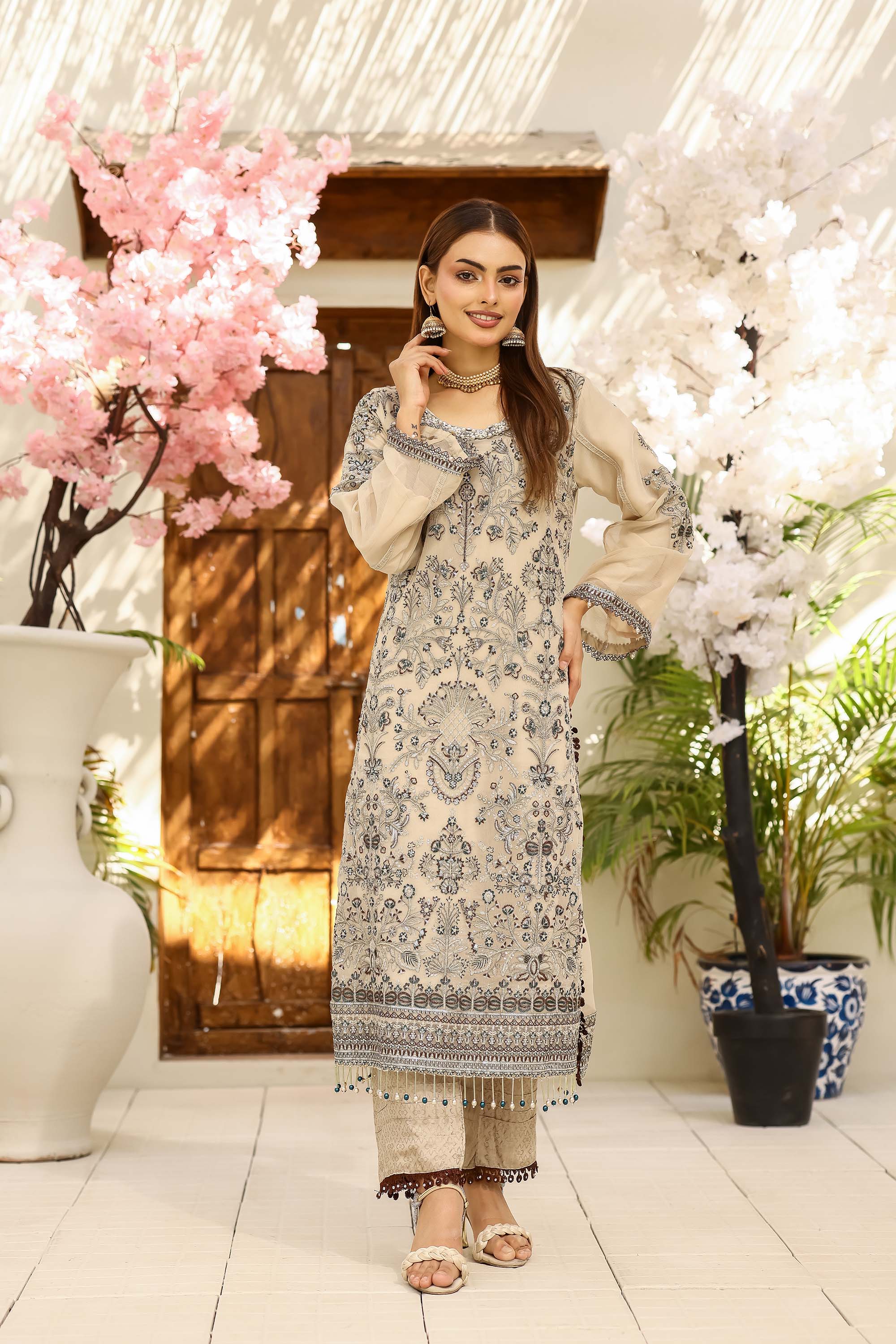 LA Bella Skin Special - Embroidered Ensemble with Espresso Brown Dupatta
