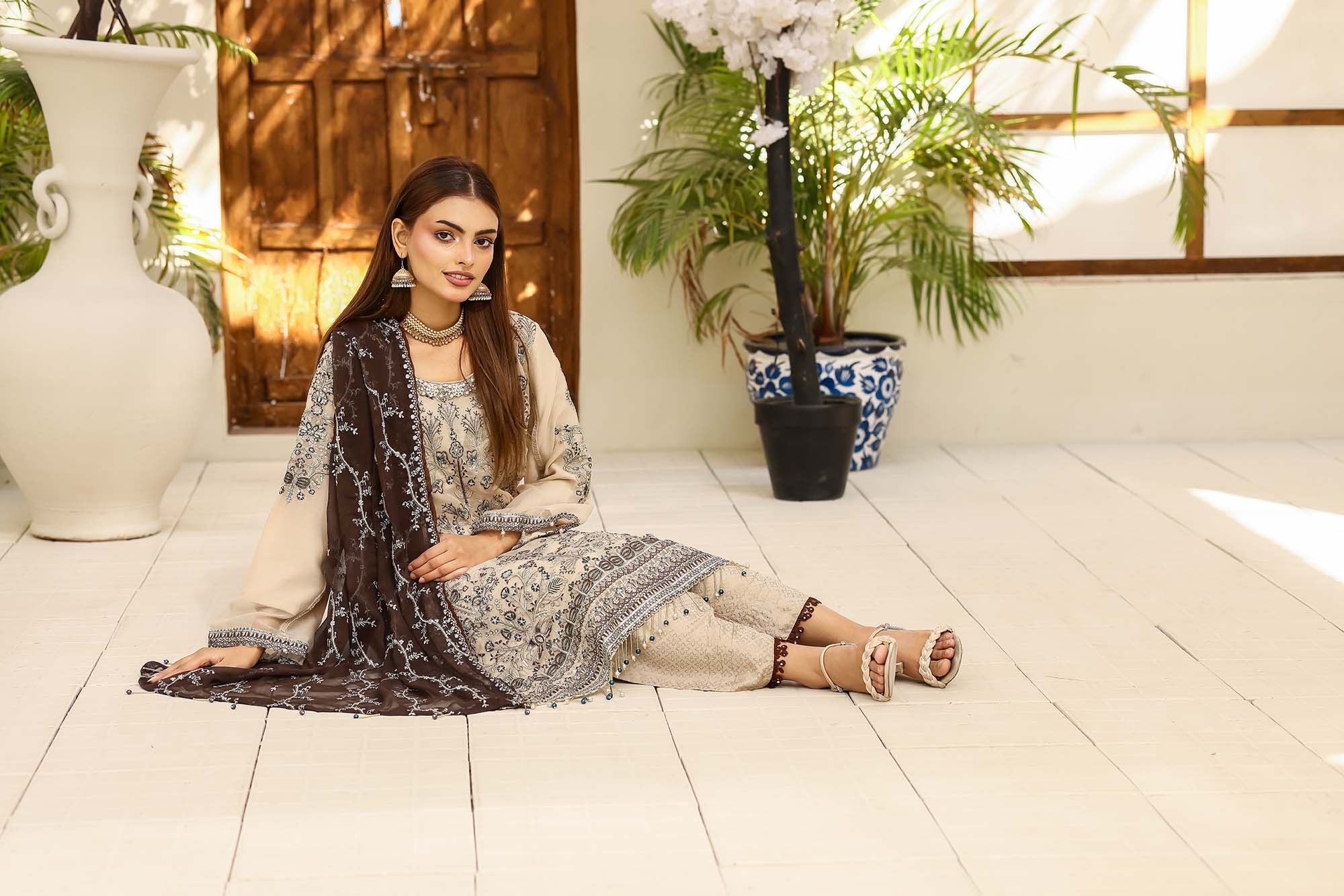 LA Bella Skin Special - Embroidered Ensemble with Espresso Brown Dupatta