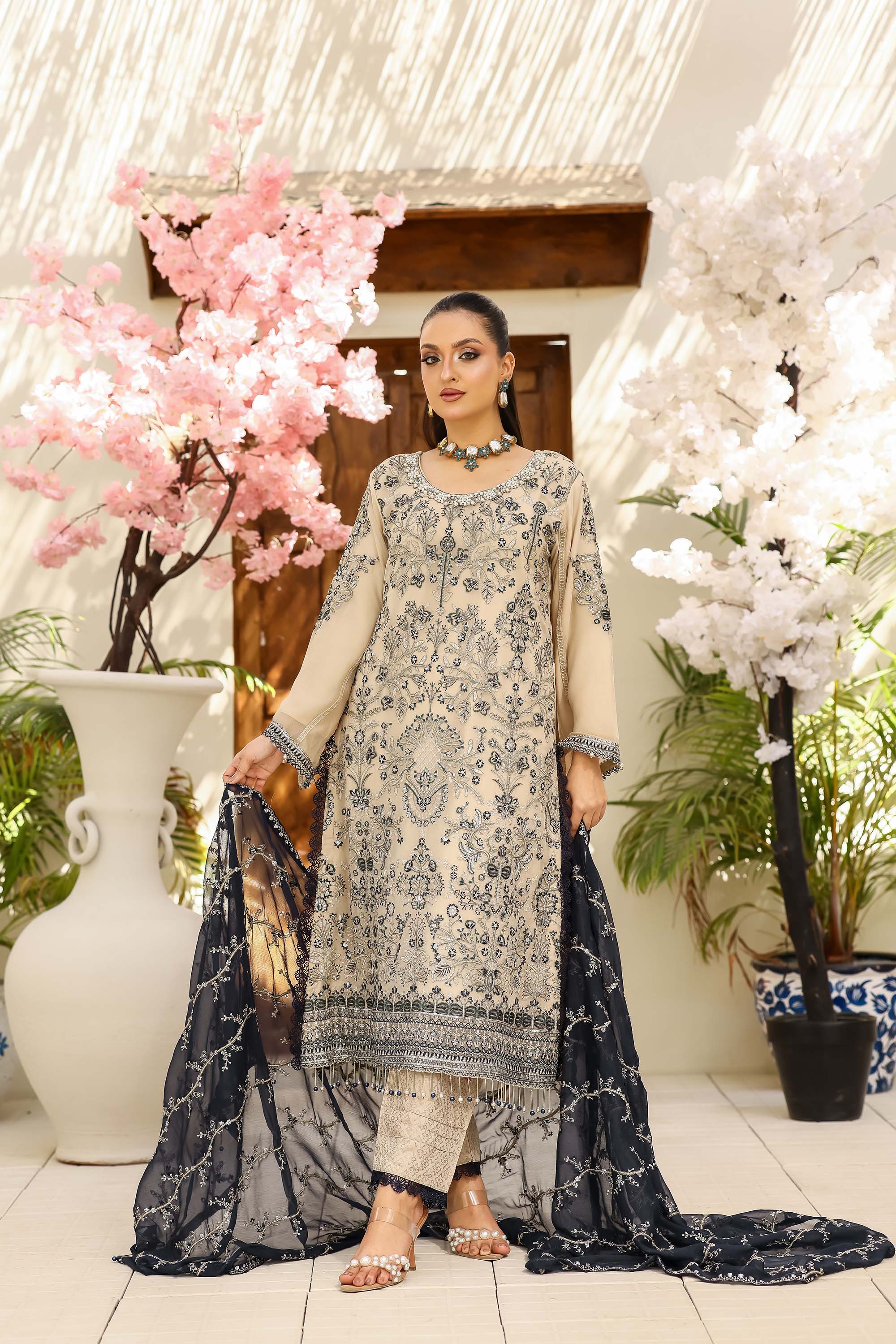 LA Bella Skin Special - Embroidered Ensemble with Midnight Navy Dupatta
