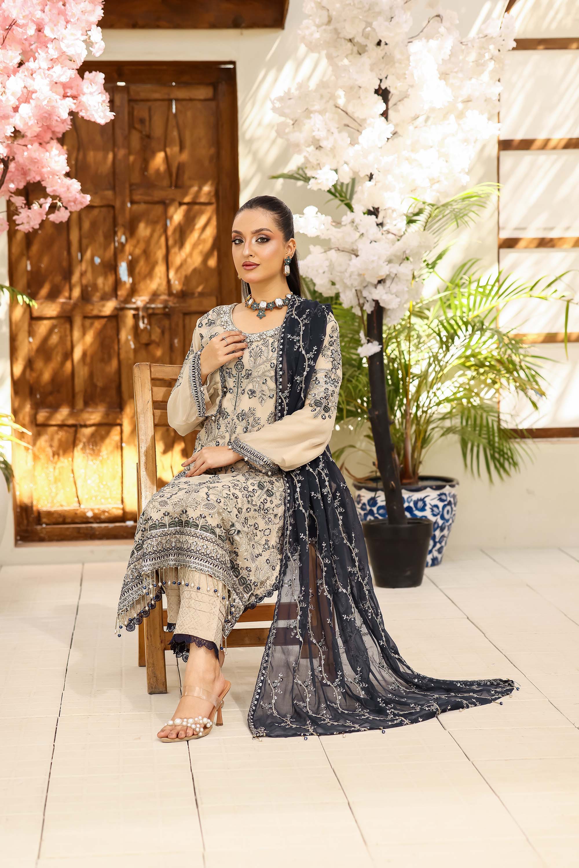 LA Bella Skin Special - Embroidered Ensemble with Midnight Navy Dupatta
