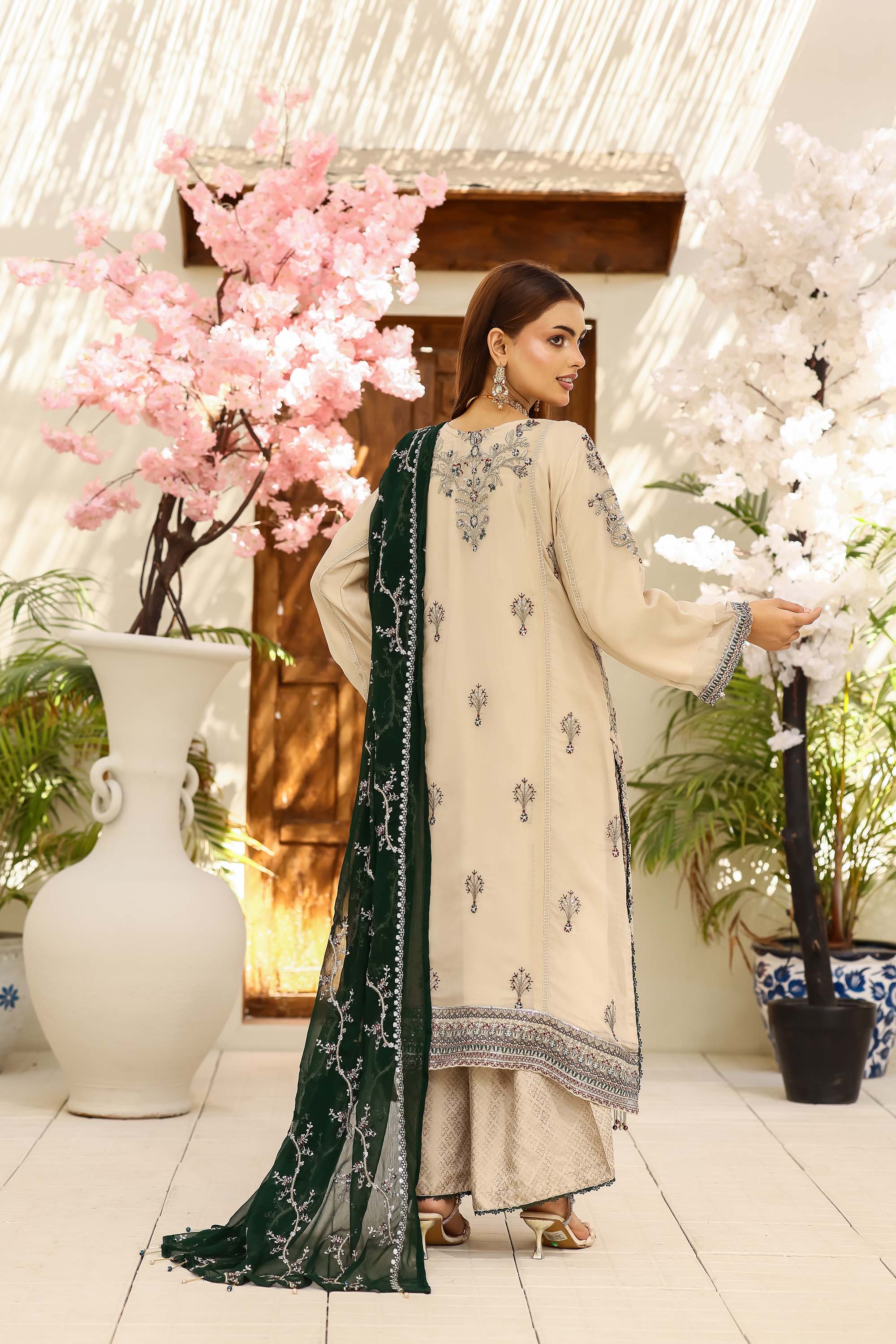 LA Bella Skin Special - Embroidered Ensemble with Forest Emerald Dupatta