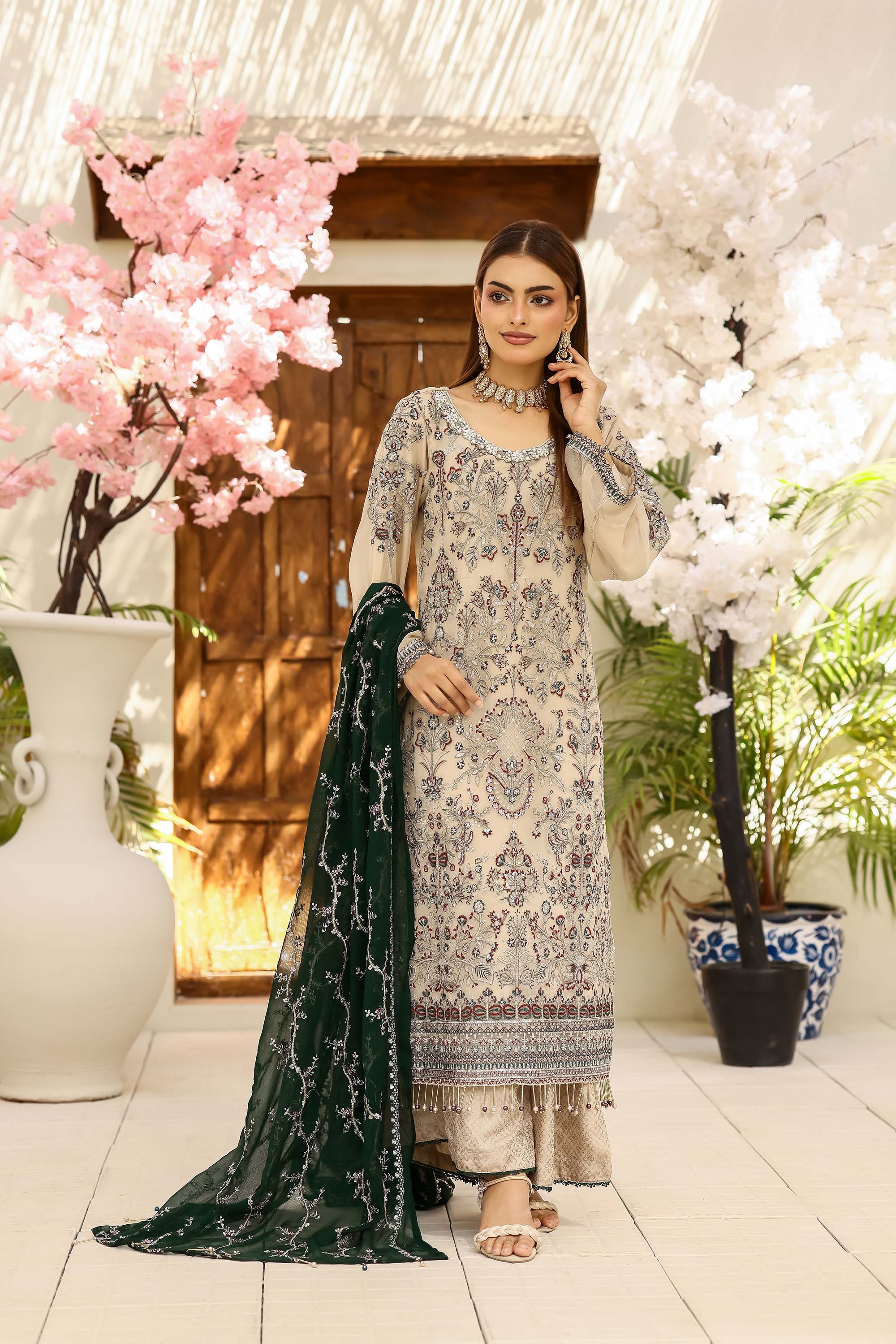 LA Bella Skin Special - Embroidered Ensemble with Forest Emerald Dupatta