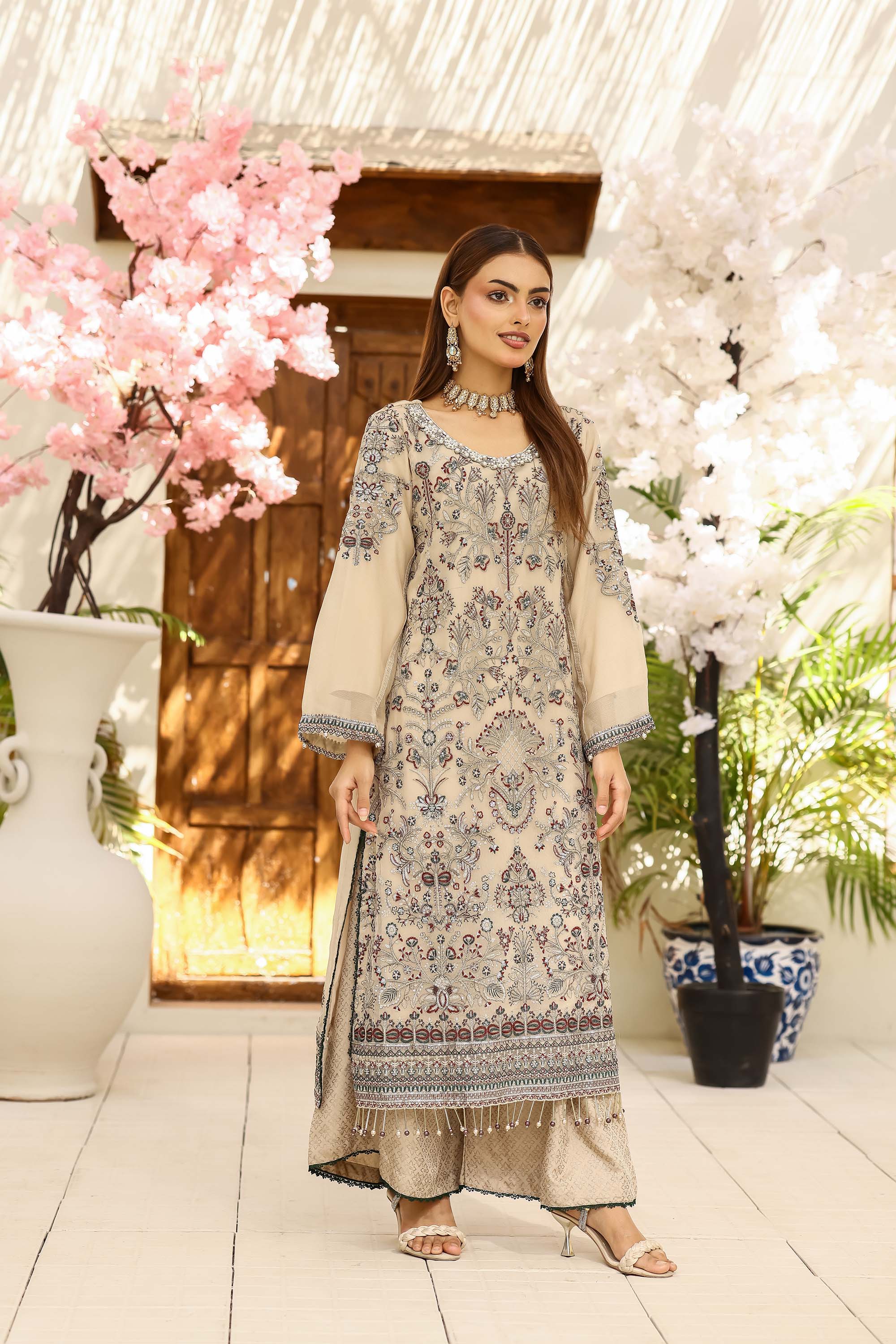 LA Bella Skin Special - Embroidered Ensemble with Forest Emerald Dupatta