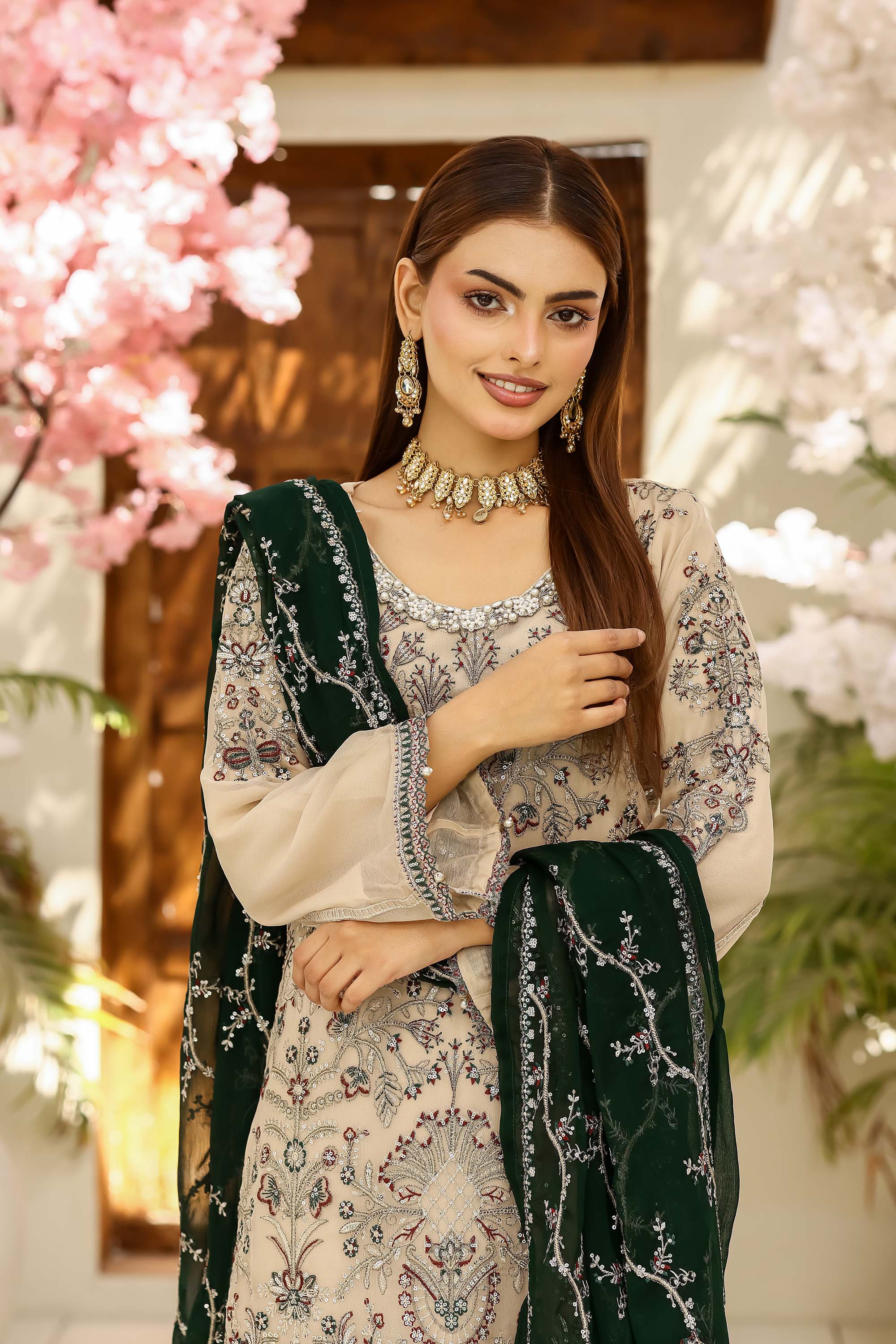 LA Bella Skin Special - Embroidered Ensemble with Forest Emerald Dupatta